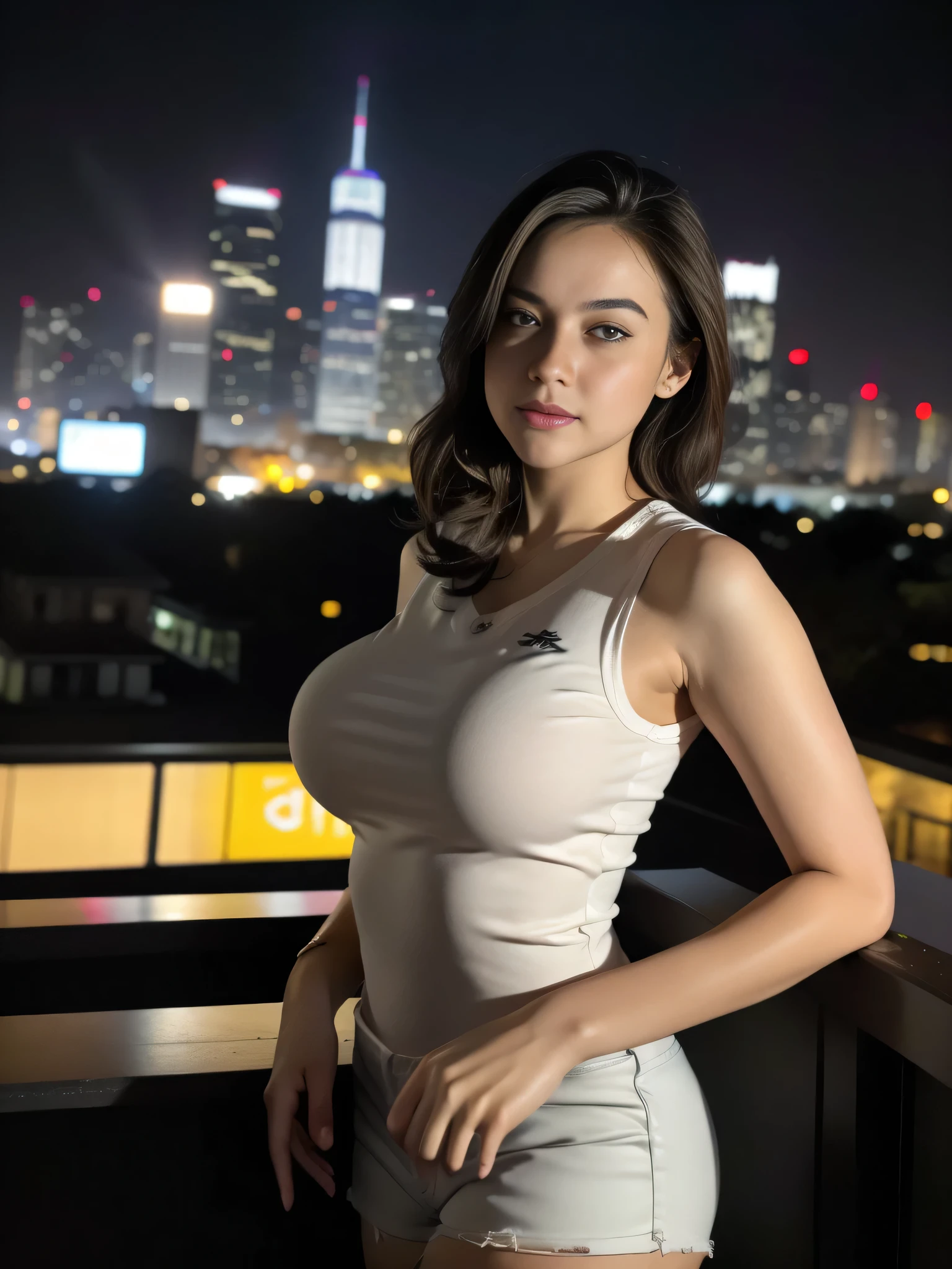 1girl, (uniform), standing, outdoors, night view, detailed Metropolitan city at the background, (zoom out: 1.4), detailed face, detailed eyes, brunette, big breasts, smooth realistic skin, semi-curvy body, white tanktop, thin hot pants, looking at the audience, (8k, RAW photo, best quality, masterpiece: 1.2), (realistic, realistic: 1.37), ultra-high resolution, F/1.2, 