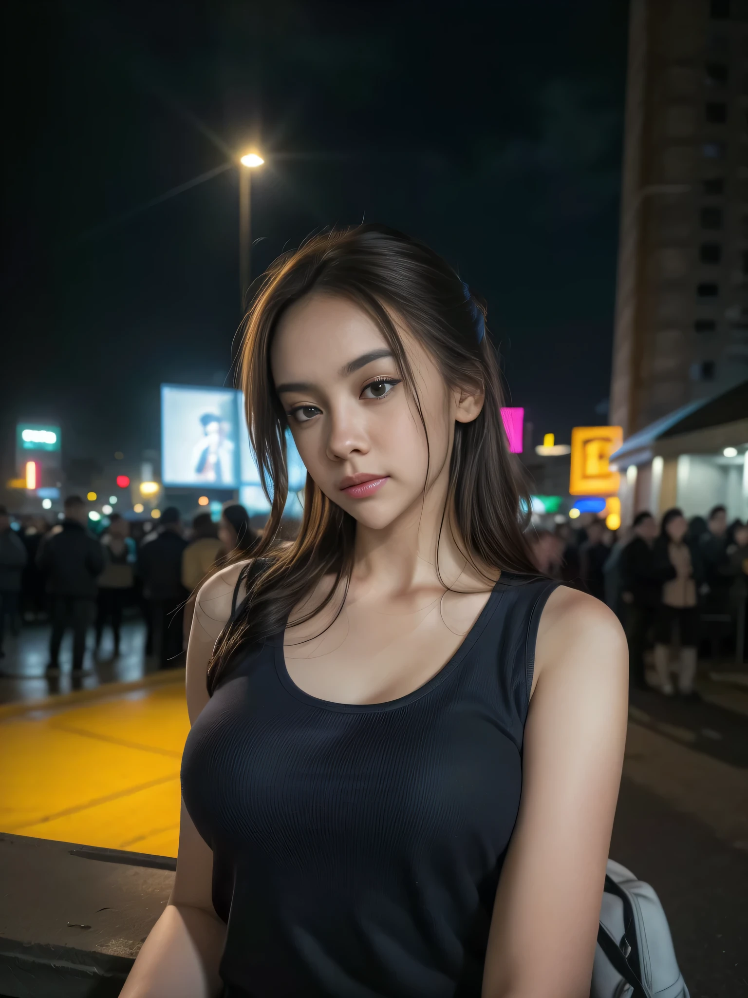 1girl, (uniform), standing, outdoors, night view, detailed Metropolitan city at the background, (zoom out: 1.4), detailed face, detailed eyes, brunette, big breasts, smooth realistic skin, semi-curvy body, white tanktop, thin hot pants, looking at the audience, (8k, RAW photo, best quality, masterpiece: 1.2), (realistic, realistic: 1.37), ultra-high resolution, F/1.2, 