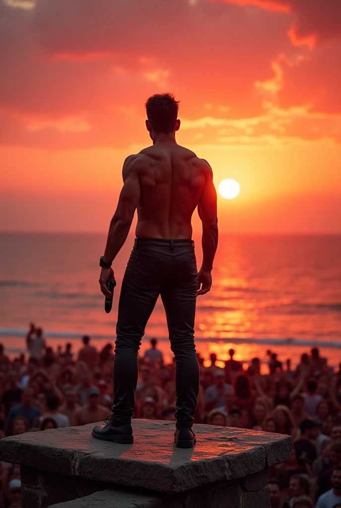 Under the rays of the setting sun, a tall and handsome man in only torn trousers without a top towered over the crowd. He had brown hair and brown eyes. The chains on his arms. The scars on his fair body.The sky is in golden and purple shades.The crowd was staring at him.