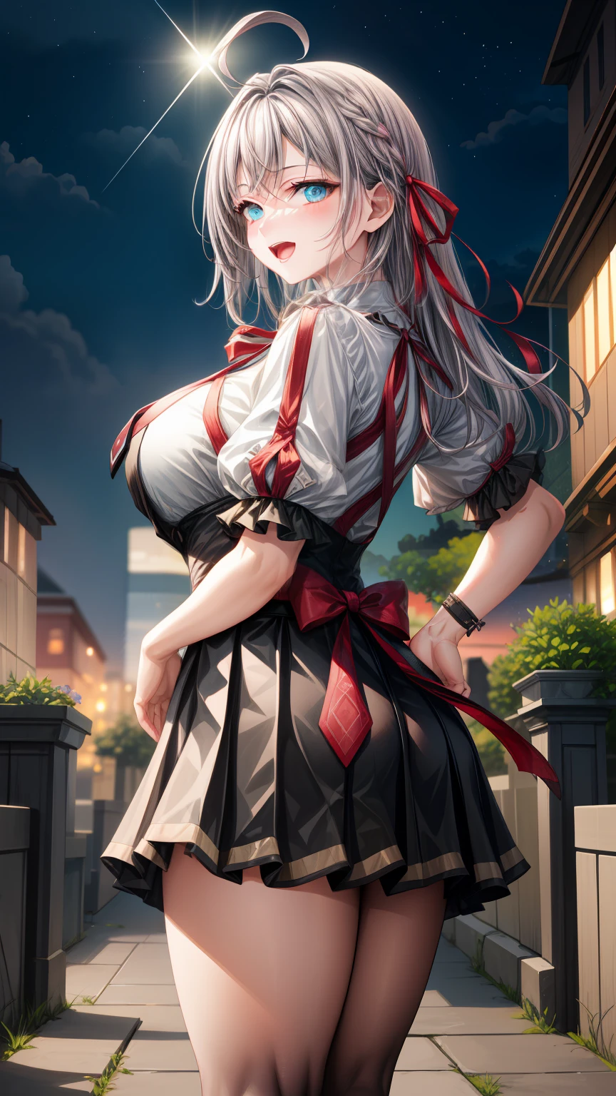 Alisa Kujou, 

(night:1.7), 1 girl standing at attention, 17 years,young female,beautiful Finger, beautiful long legs ,beautiful body ,beautiful Nose ,beautiful character design, Perfect eyes, perfect face,

There is an anime girl., 1 girl, thighs, Alone, (very short skirt:1.4), Blue eyes, old, black dress ,elegant , long socks (short dress)  , neckline, bow, hand on hip, blush, black thighs, bowtie, inside, brown shoes, The Great Passage, moccasins, Shoes, large old, looking at the viewer, take half distance, close up shot of open mouth, thighs,

looking at the viewer, smile, greeting the viewer, In the center of the image, Fondo de pantalla CG unity 8K extremadamente detallado, Perfect lighting,showy, bright_forehead_face_Lightinasterpiece:1.0),(better_quality:1.0), ultra high resolution,4k,ultra detailed,
Photography, 8K, HDR, high resolution, absurdities:1.2, codas portrait, film grain, blurred background, bokeh:1.2, Lens flare, (Vibrant_Color:1.2)
, (beautiful_face:1.5),(narrow_waist), (beautiful,huge_old:1.3)