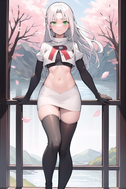 best quality, (masterpiece:1.2), illustration, absurdres,
(1girl), (solo), (beautiful detailed girl), 
white hair, long hair, green eyes, medium breasts
green beret, team rocket,team rocket uniform,white skirt,red letter R,crop top,black thigh-highs,black elbow gloves,
looking at viewer, 
distant mountains, cherry trees, cherry blossom, petals, river,