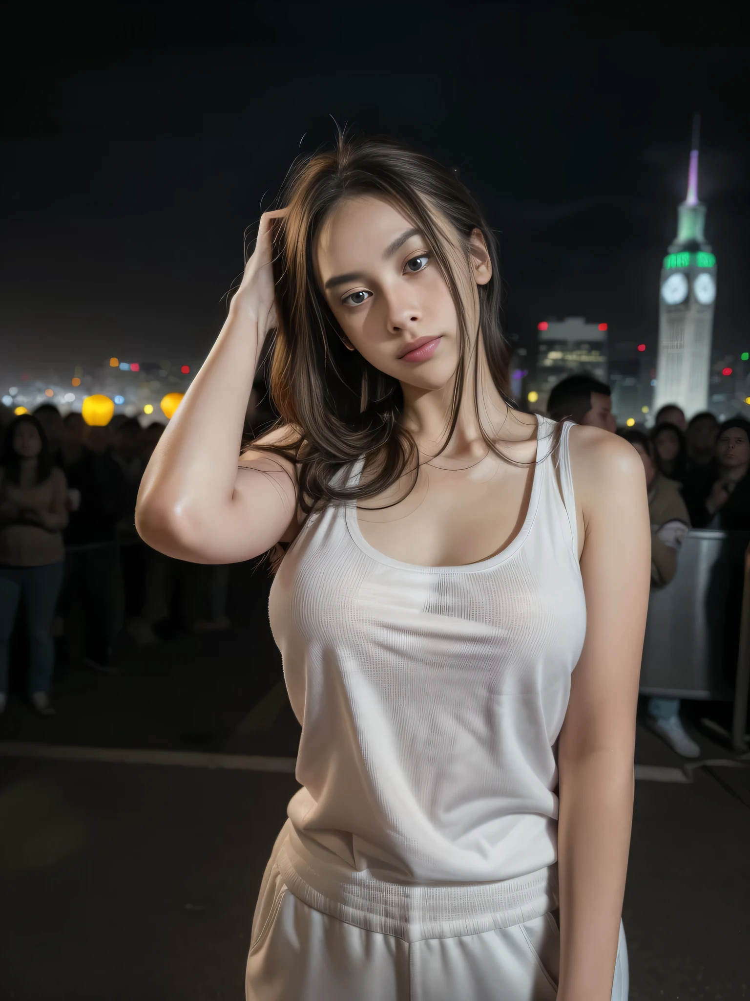 1girl, (uniform), standing, outdoors, night view, detailed Metropolitan city at the background, (zoom out: 1.4), detailed face, detailed eyes, brunette, big breasts, smooth realistic skin, semi-curvy body, white tanktop, thin hot pants, looking at the audience, (8k, RAW photo, best quality, masterpiece: 1.2), (realistic, realistic: 1.37), ultra-high resolution, F/1.2, 