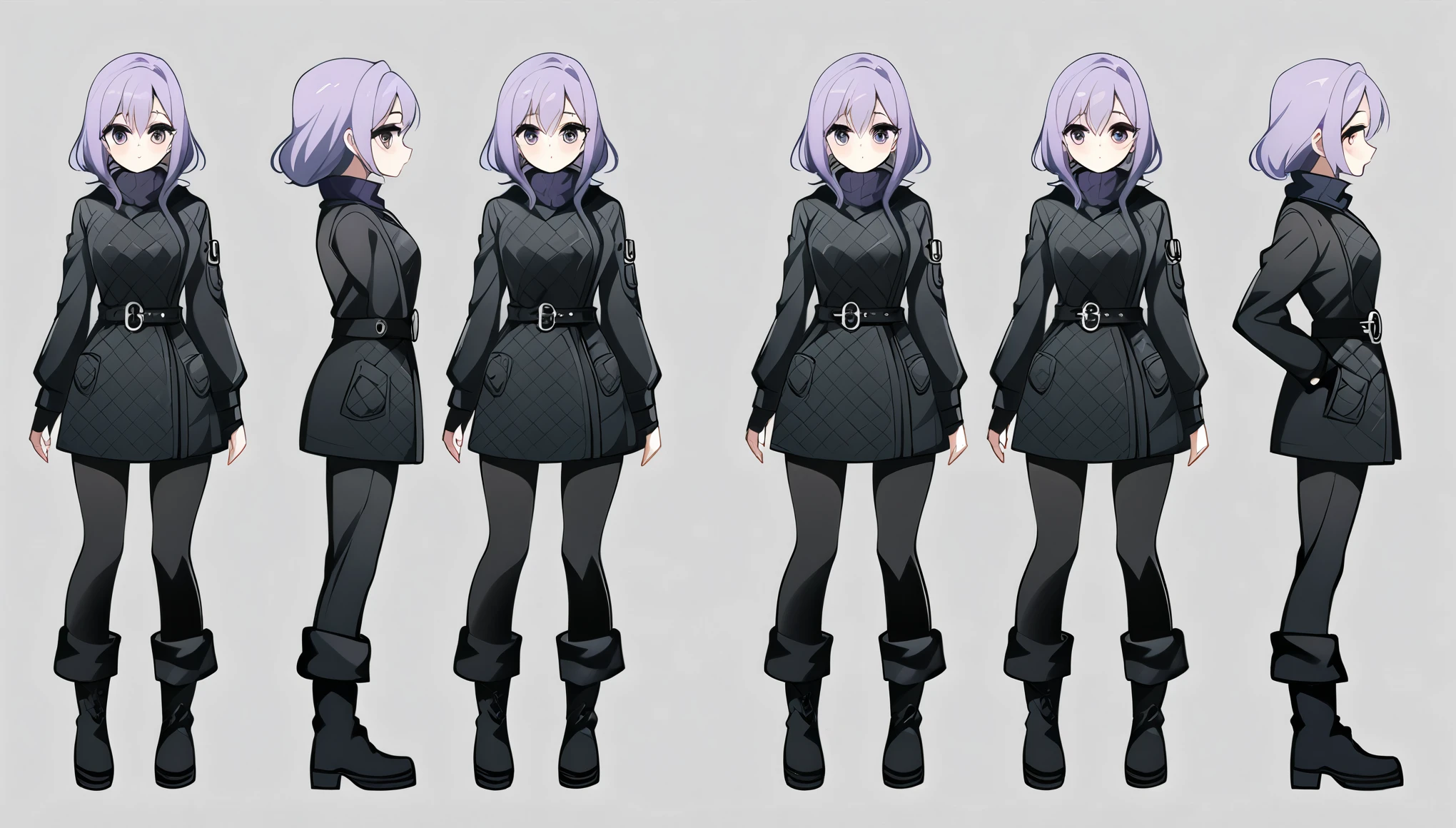 Score_9, Score_8_up, Score_7_up, Score_6_up, Score_5_up, Score_4_up, ((masterpiece, best quality, ultra detailed, super high resolution)), (source_anime), 1 girl, full body female character, short purple hair, wearing a jacket Black padded with a diamond pattern, the jacket reaches the upper part of the thighs and is completely closed, it features a wide black belt with a square metal buckle at the waist, which emphasizes its silhouette. Under the jacket, there is a purple turtleneck sweater, tight black pants with side pockets, complementing her figure. tall black boots with subtle purple details, black gloves. The background is simple and neutral, a dynamic pose, dynamic pose, concept art, multiple views, simple white background, different perspective of the character, soft line art, thick line art, bold line art, 