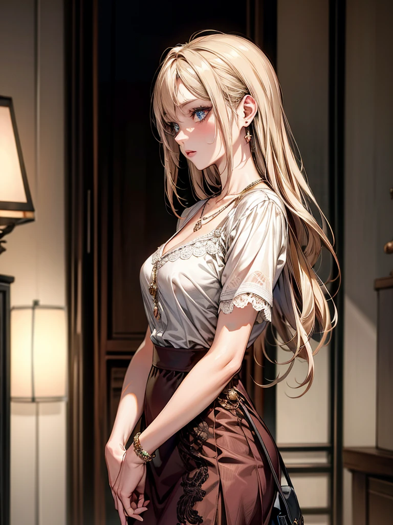 ((Biologically correct limb count))、((Full Body Shot, Full-body photo including face、Head to toe photos))、4K、(masterpiece:1.3)、((Symmetrical facial features))、Eyes of meticulous depiction、beautiful 、Excellent style、((skirt、The neckline is a lace embroidered sheer shirt.、High heels with anklets))、Detailed Description、shopping、Married Woman、sex appeal、Alluring、Handbags、Earrings、necklace、profile、Upper body close-up、Looking up、Blonde、(male:-0.5),(multiple:-0.5),walking,パンチラ