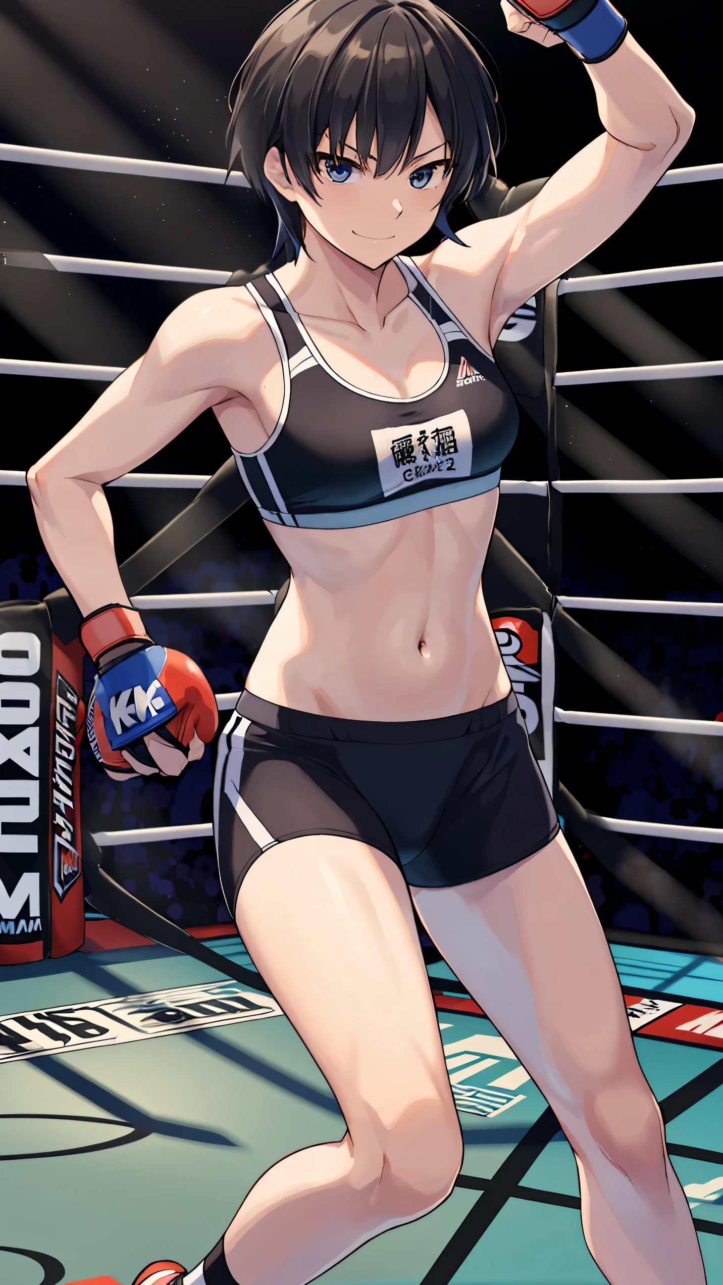 nanasaki, nanasaki ai, ai nanasaki, ((top-quality,8K,Masterpiece)), Full body shot, Toned stomach, (on MMA Arena :1.5), (Athletics bra:1.5),(Racing Bloomer:1.5), MMA Fighter, thigh, belly button, smirking, Victory, Sharp focus: 1.2, Highly detailed face, Highly detailed eye, Professional Lighting,