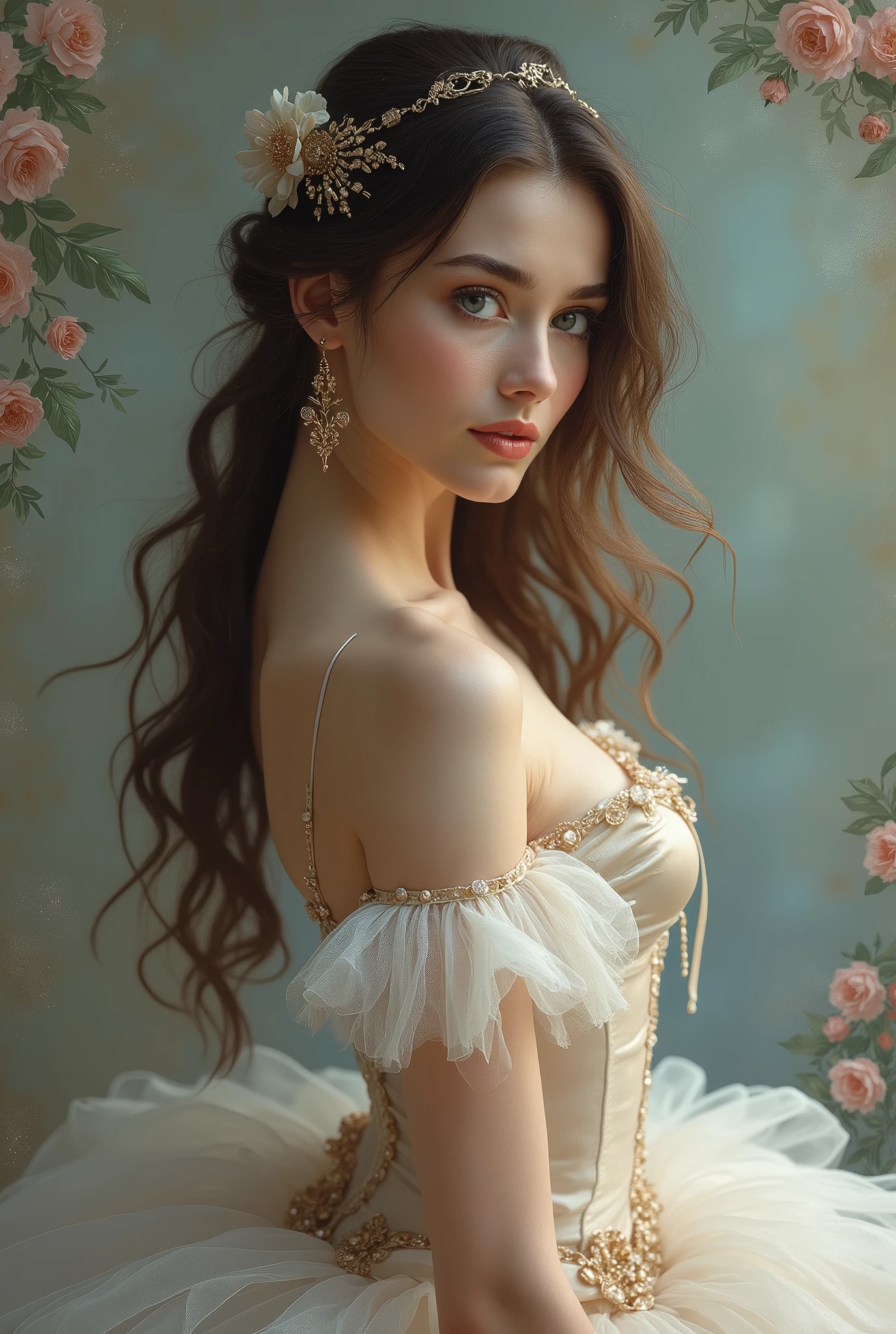 Arafed woman in a white dress with a gold headpiece and flowers - SeaArt AI