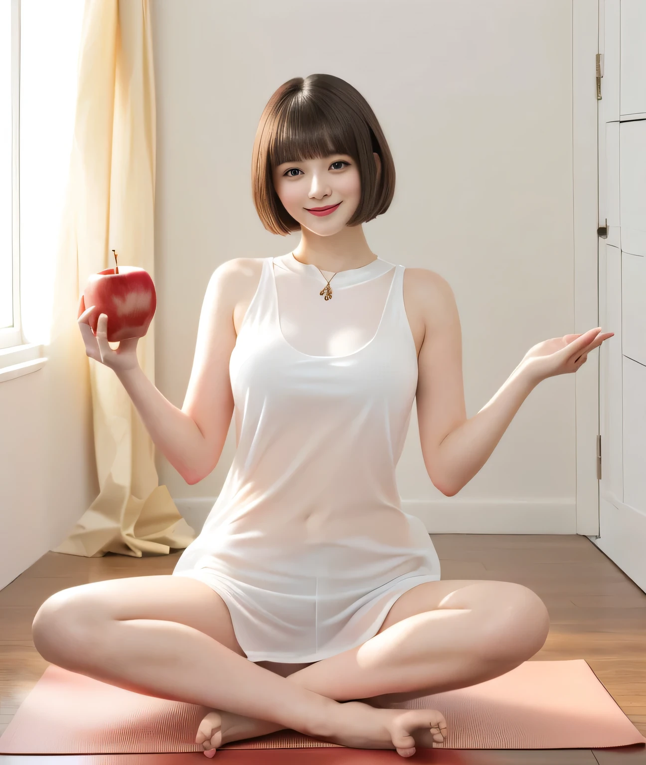 {{{She is holding a red apple in his right hand and a white apple in his left hand.::1.8}}},{{{Blunt bangs、short hair:1.6}}}},,{{Girl sitting on a mat and doing yoga poses:１８Year:Double Eyes::smile}},, Sitting pose,{White Tight tank top:See through}, Affectionate, Affectionate, gentle pose, Symmetrical pose, Full body pose, 