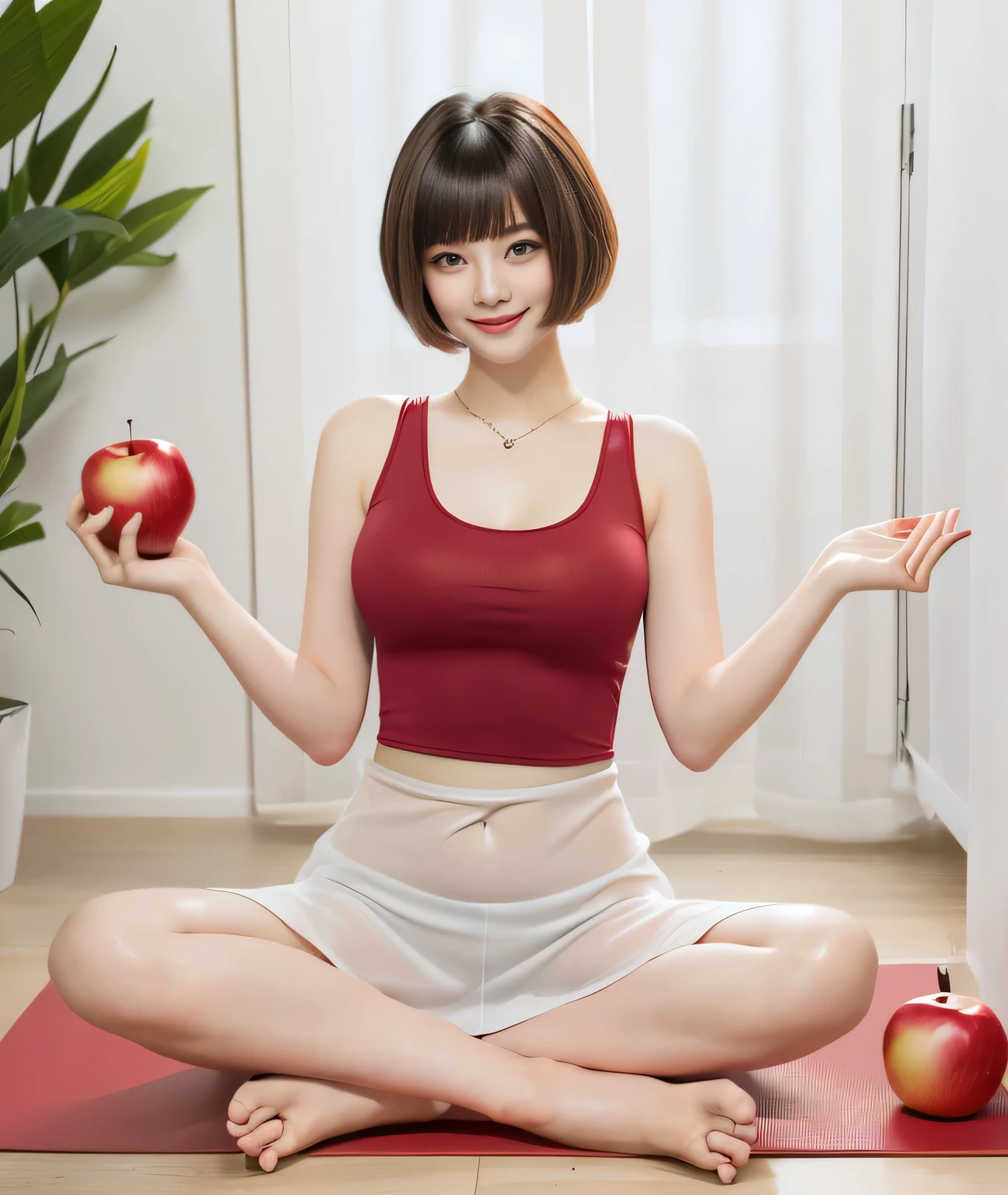 {{{She is holding a red apple in his right hand and a white apple in his left hand.::1.8}}},{{{Blunt bangs、short hair:1.6}}}},,{{Girl sitting on a mat and doing yoga poses:１８Year:Double Eyes::smile}},, Sitting pose,{White Tight tank top:See through}, Affectionate, Affectionate, gentle pose, Symmetrical pose, Full body pose, 