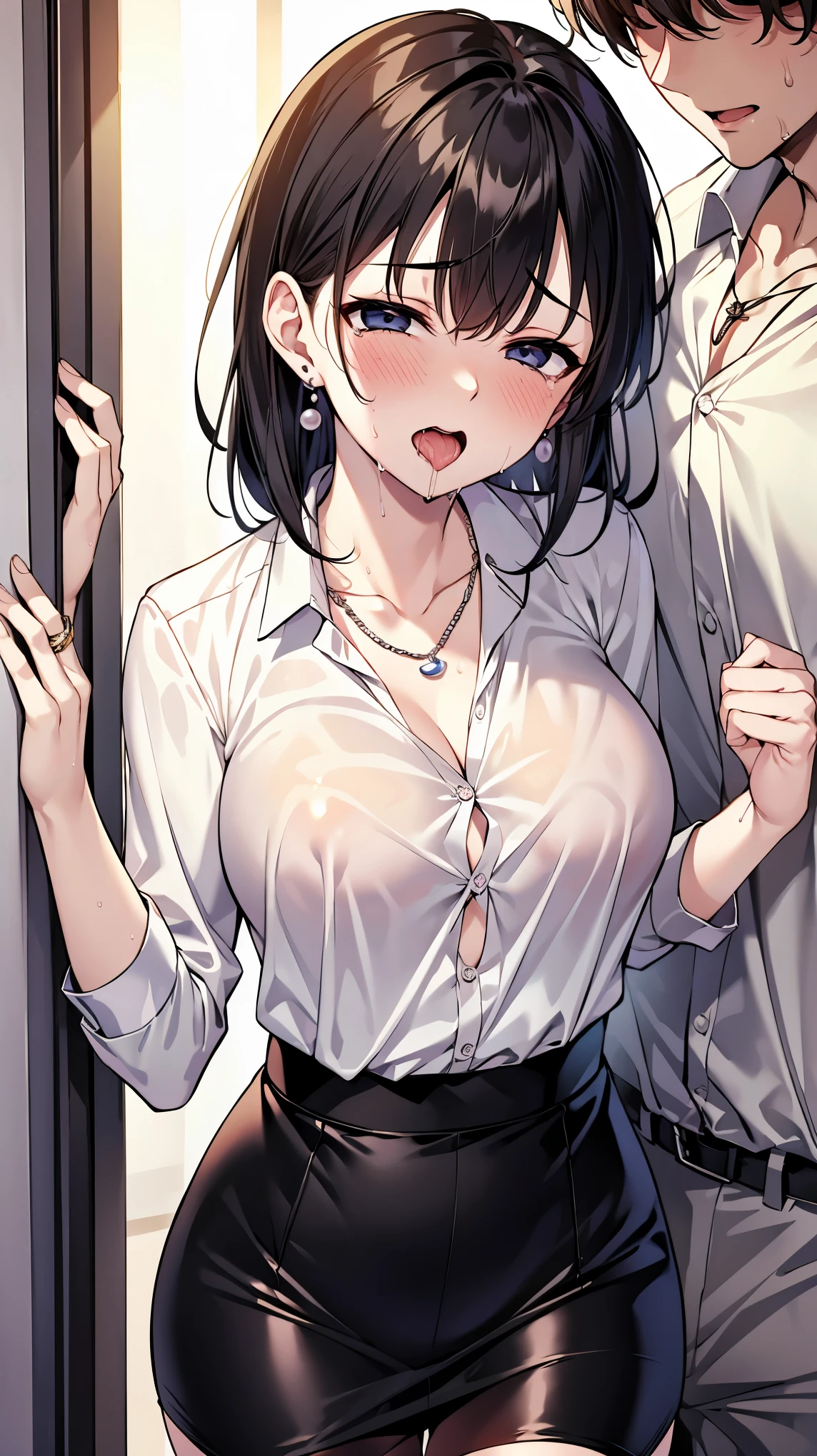 （（super high quality,））（（Ultra-high resolution,））（16K,）（super masterpiece,）（（Ultra HD ,））（Detailed shading,）One sexy mother,One Man,Rich kiss,Drooling,（（popped Tight collar White shirts,））Even the third button is undone.,Folded sleeves,（Black tight skirt,）,blush,My mother is crying,Ahegao,necklace,Pearl Earrings,wedding ring,Sweaty,