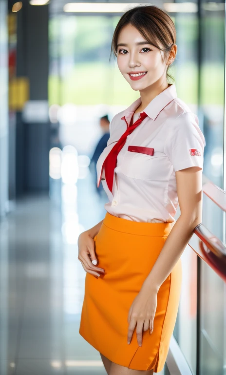 A youthful gorgeous lady, in a flight stewardess uniform, detailed facial features, smooth skin, high-quality CG artwork, realistic, photo-realistic, RAW photo, 8k, ultra-detailed, masterpiece, beautiful detailed eyes, symmetrical eyes, light brown eyes, double eyelids, thin eyebrows, glossy lips, kind smile, sweaty skin, 1 girl, wearing a short-sleeved flight attendant uniform, sexy mini-skirt, ponytail, bob hair, perfect body anatomy, large breasts, film breasts, nicely shaped breasts, very tall & fit, slender figure, full body shot, cowboy shot, candid shot, her hands are on her hips, standing and posing naturally, SFW, High Resolution, Solo, Looking at viewer, Multiple Views, Depth Of Field, Beret, Masterpiece, Accurate