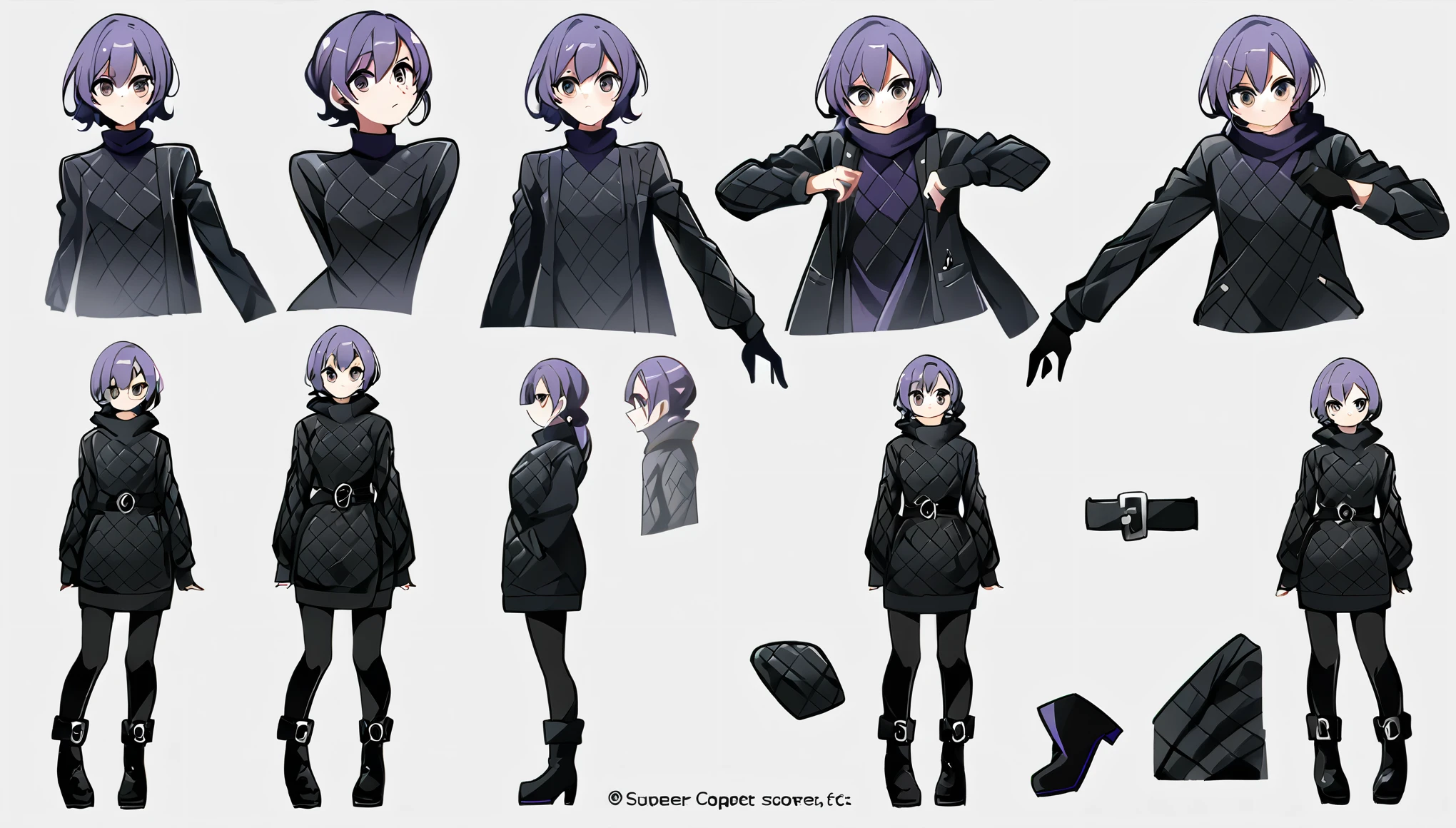 Score_9, Score_8_up, Score_7_up, Score_6_up, Score_5_up, Score_4_up, ((masterpiece, best quality, ultra detailed, super high resolution)), (source_anime), 1 girl, full body female character, short purple hair, wearing a jacket Black padded with a diamond pattern, the jacket reaches the upper part of the thighs and is completely closed, it features a wide black belt with a square metal buckle at the waist, which emphasizes its silhouette. Under the jacket, there is a purple turtleneck sweater, tight black pants with side pockets, complementing her figure. tall black boots with subtle purple details, black gloves. The background is simple and neutral, a dynamic pose, dynamic pose, concept art, multiple views, simple white background, different perspective of the character, soft line art, thick line art, bold line art, 