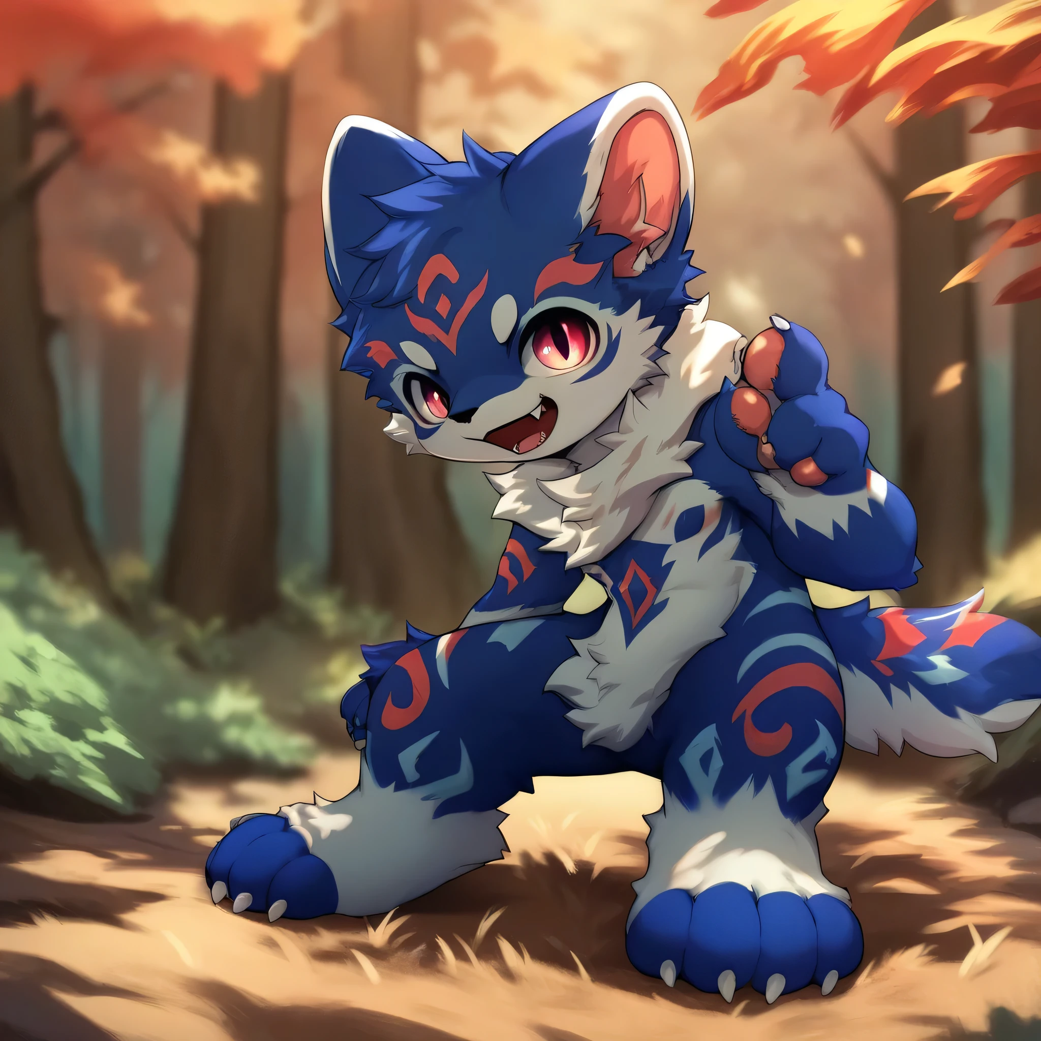 score_7_up, score_6_up, score_5_up, score_4_up, source_furry, no human BREAK from side, line art, anime, by huolongguo, bodypaint, blue fur, solo, furry,1boy, (cub), digitigrade, 4 finger, fangs, forest background