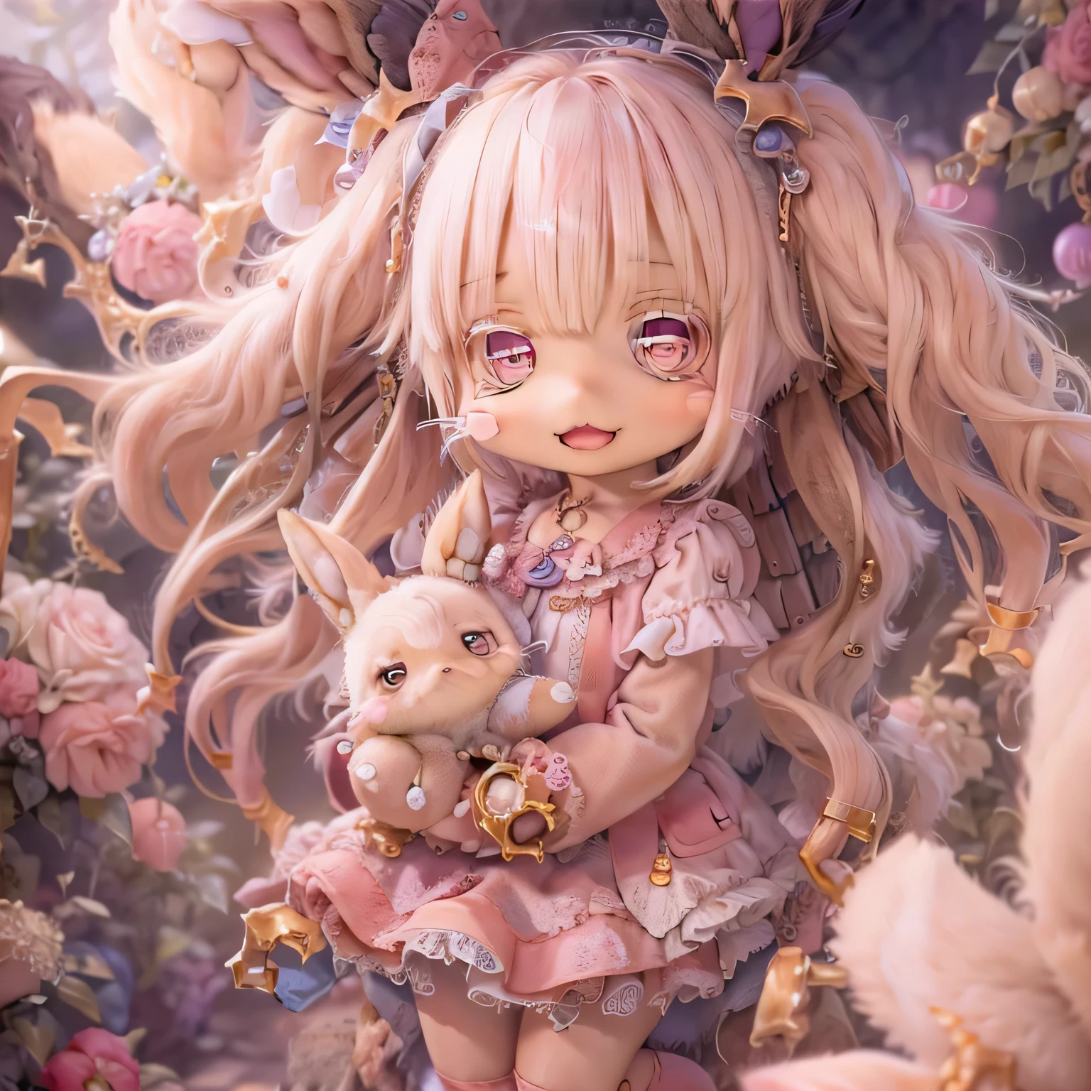 in the garden, smile, Similar to Nanachi from Made in Abyss. She is beautiful, Beautiful eyes and lips.  (((Chibi Style,))) . Image quality is excellent, Highly detailed and realistic features. The medium of this work is、Combining illustration and photorealistic rendering.. The colors are vivid、The lighting creates a warm and bright atmosphere。 whole body(((((Cute pink dress)))))Contrasting cute poses