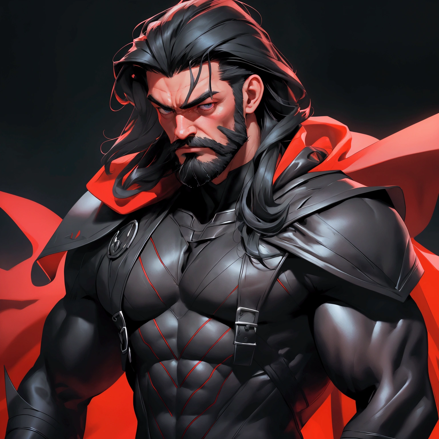 envision a 8k, highres, semi realistic cinematic close up portrait of a Muscular man with a muscular body, Full Beard, Undertaker, sleek long black hair, and black eyes, red and black tight suit, red cape, against a dark gray background