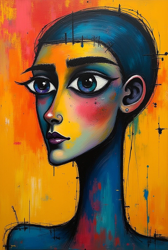 Create a serene profile portrait with the subject facing left. Use a vibrant color palette of blues, reds, and oranges. The background should be minimalistic in cool blue tones. Employ bold, visible brush strokes and the impasto technique for texture. Blend realism with abstraction, emphasizing strong contrasts and dynamic color blocking. Aim for a modern, contemplative feel. Apply the paint to the canvas with a firm, decisive motion, allowing it to sit thickly on the surface. Vary the direction and length of your strokes to create an interesting, varied texture.