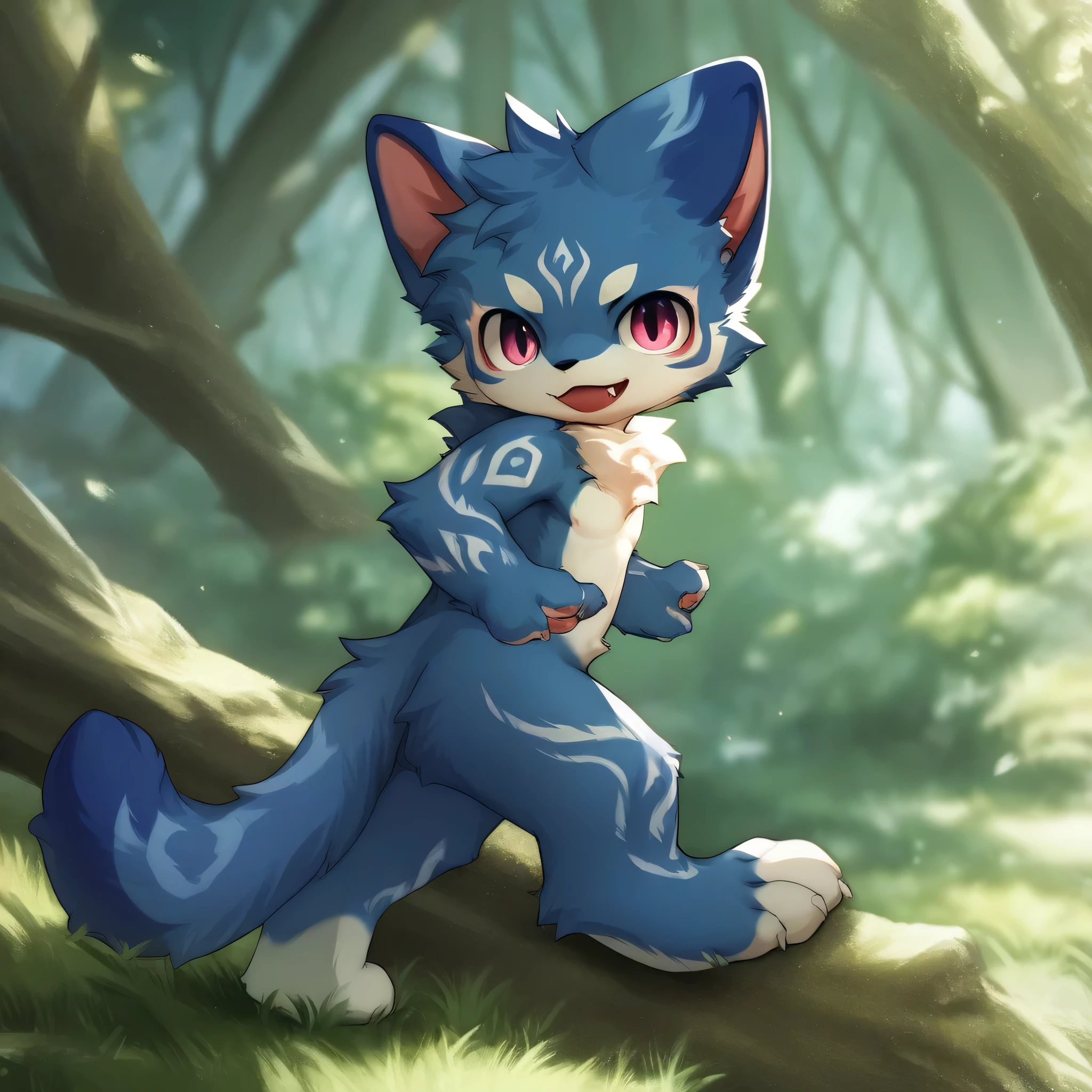 score_7_up, score_6_up, score_5_up, score_4_up, source_furry, no human BREAK from side, line art, anime, by huolongguo, bodypaint, blue fur, solo, furry,1boy, (cub), digitigrade, 4 finger, fangs, forest background