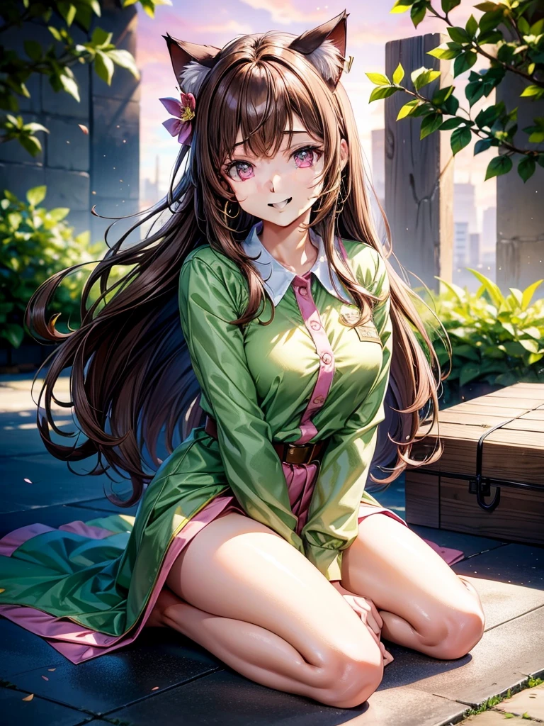 (best quality,4k,8k,highres,masterpiece:1.2),ultra-detailed,(realistic,photorealistic,photo-realistic:1.37),acrylic painting,beautiful Brazilian model in a uniform outfit with downy hair,beautiful Brazilian model with extremely colorful brown hair and detailed facial features,beautiful Brazilian model standing in a beautiful garden sakura flowers, long hair,cat ears, hair bows, uniform pink and green outfits, smile, happy face, brown pink hair,butterflies, sitting down, brown eyes, mature woman, older woman
