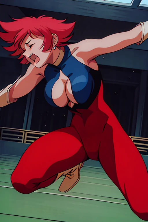 masterpiece, high resolution, best quality, rendered art, beautiful art, well formed fingers and hands and body, 1 woman, solo, shin_cutie_honey, red hair, sexy leotard, sexy and skimpy outfit, white boots, cleavage, big and large breasted, full body portrait, bouncing breasts, sweating, ryona , in peril, she is being beaten up by her opponent, closed eyes, she is knocked down and she is slapped in the face , slipping down and falling down on the floor, receiving the impact of her opponent's attacks, closed eyes, screaming in pain and agony, heroine in peril, ryona and perilous scene, bouncing breasts, weak and helpless, martial arts tournament on the beach
