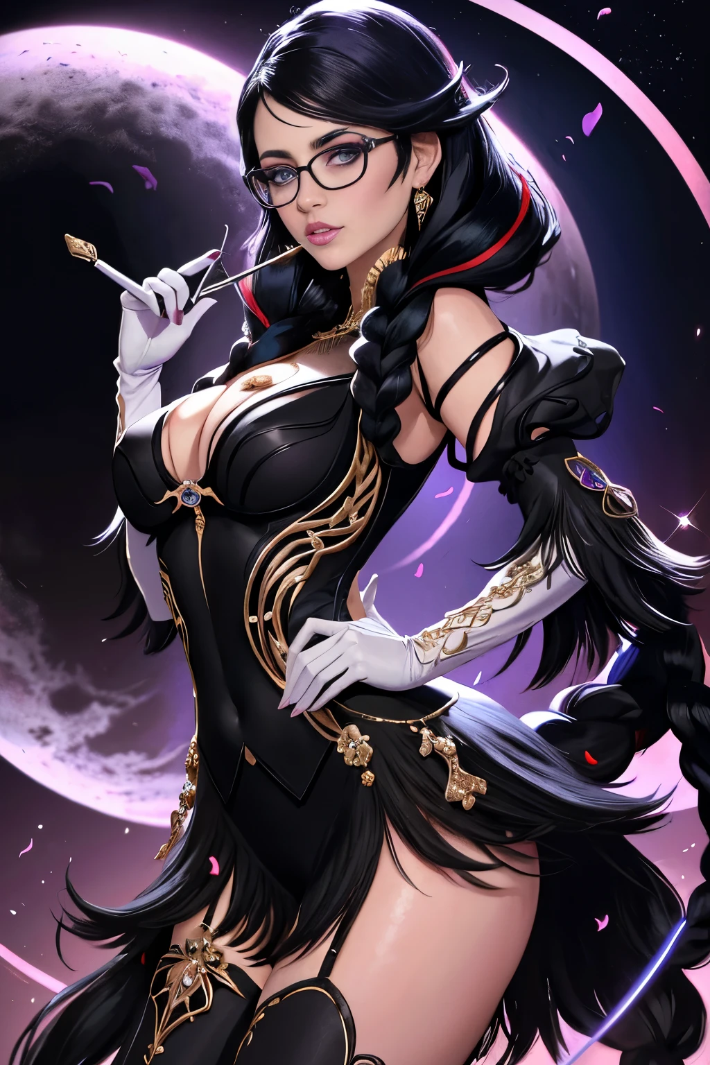 (masterpiece:1.4),(The best quality:1.4),(absurdities:1.4),pin-up,	bayonetta_3_double tail_aiwaifu,glasses,blue_eyes ,negro_hair,long_hair,bicolor_hair,twin tails,old,jewely,earrings,gloves,topo_Below_boca,Lips,big size ass_old,Twin_braids,make-up,with black frame_glasses,bodysuit,elbow_gloves,very_long_hair,lipstick,multicolor_hair,Love,amulet,hair_Love,dress,thighsjumps,white_gloves,sombra de eyes,fringe,CLOTHES_Crop,		(absurdities, High Resolutions, insanely_absurdities:1.4),landscape,masterpiece,