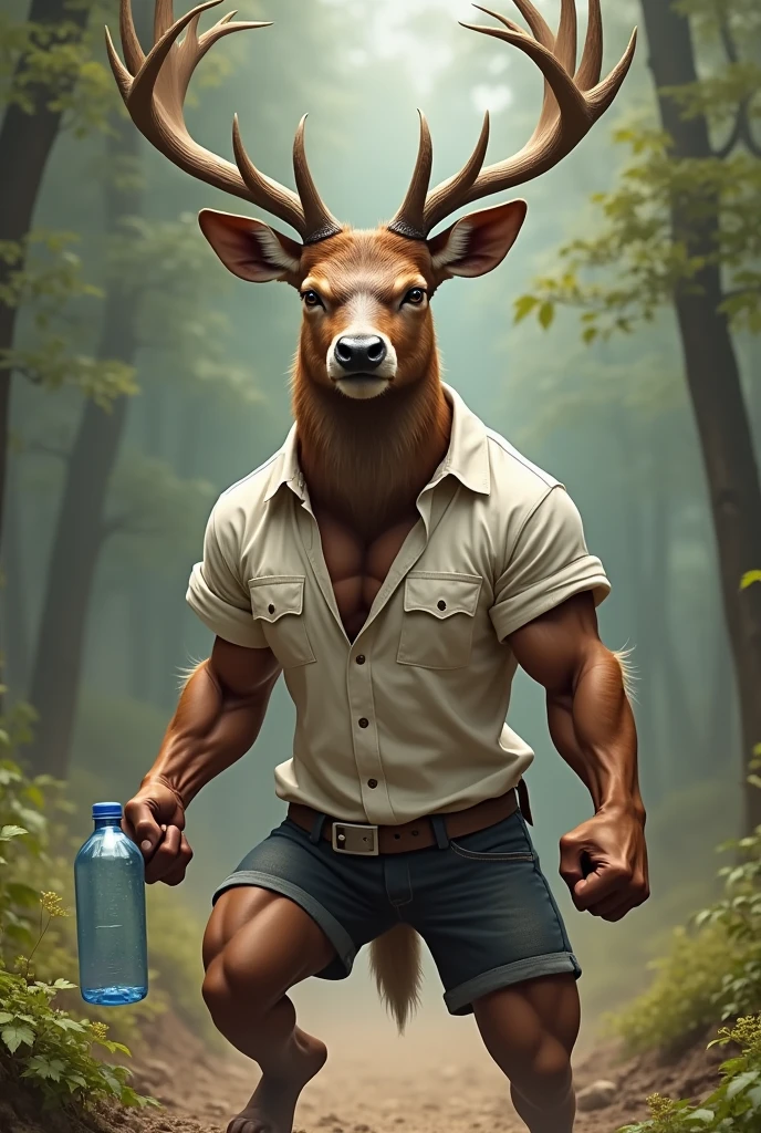 a brutal man with deer antlers on his head, detailed realistic portrait, penetrating eyes, detailed facial features, detailed skin texture, deer antler headdress, wearing tribal clothing, standing in a dark and moody forest, dramatic lighting, rich colors, cinematic composition, (best quality,8k,highres,masterpiece:1.2),ultra-detailed,(realistic,photorealistic,photo-realistic:1.37),cinematic,dark fantasy,dramatic lighting