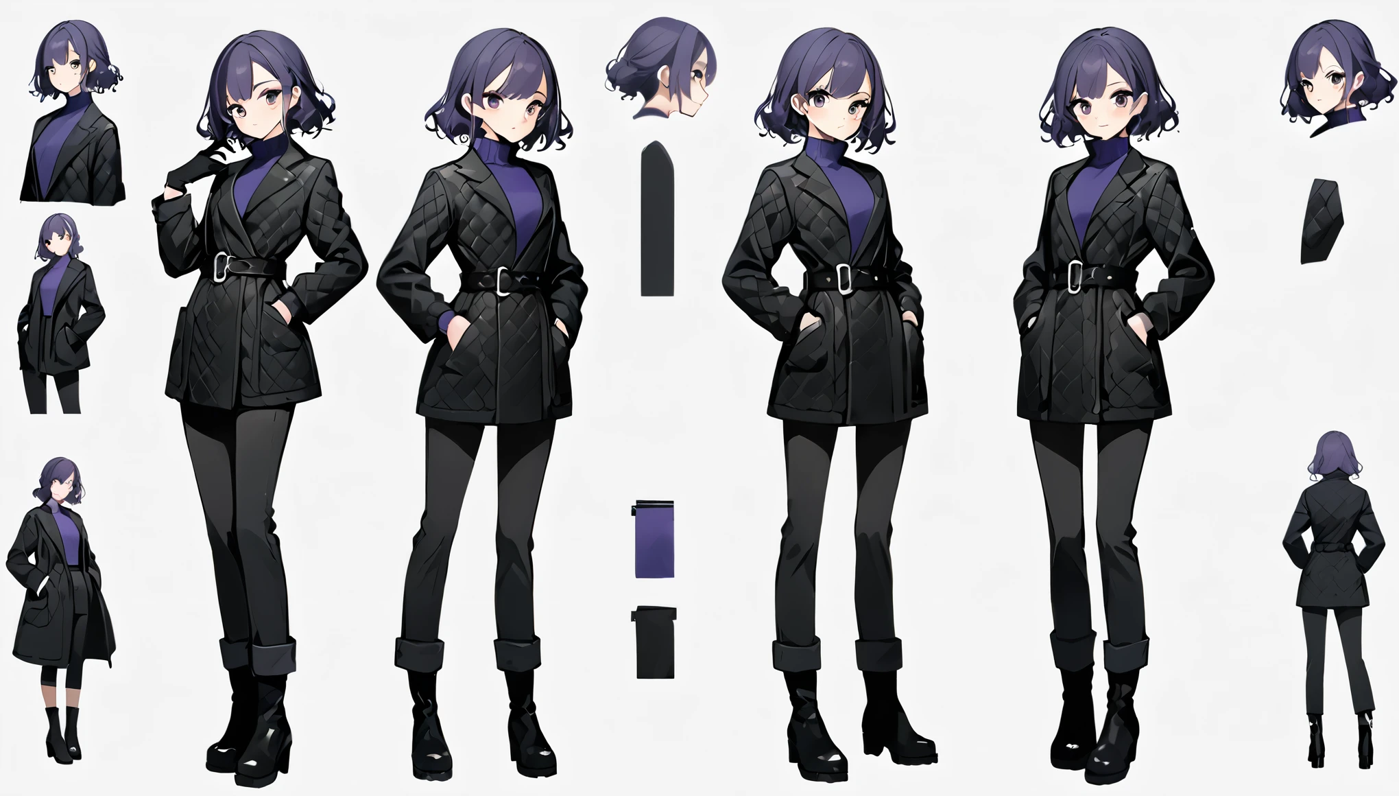 Score_9, Score_8_up, Score_7_up, Score_6_up, Score_5_up, Score_4_up, ((masterpiece, best quality, ultra detailed, super high resolution)), (source_anime), 1 girl, full body female character, short purple hair, wearing a jacket Black padded with a diamond pattern, the jacket reaches the upper part of the thighs and is completely closed, it features a wide black belt with a square metal buckle at the waist, which emphasizes its silhouette. Under the jacket, there is a purple turtleneck sweater, tight black pants with side pockets, complementing her figure. tall black boots with subtle purple details, black gloves. The background is simple and neutral, a dynamic pose, dynamic pose, concept art, multiple views, simple white background, different perspective of the character, soft line art, thick line art, bold line art, 