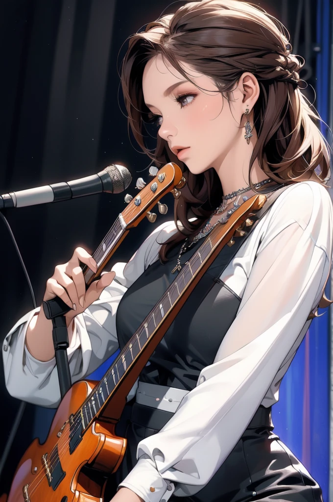 4 beautiful mature Japanese women aged 55, rock band, 4 piece band, Long eyelashes, Low Ponytail, Red lipstick, Pearl Necklace, Earrings, Dark eyeshadow, Cleavage, Flashy clothing, guitar, base, drums and vocals, 