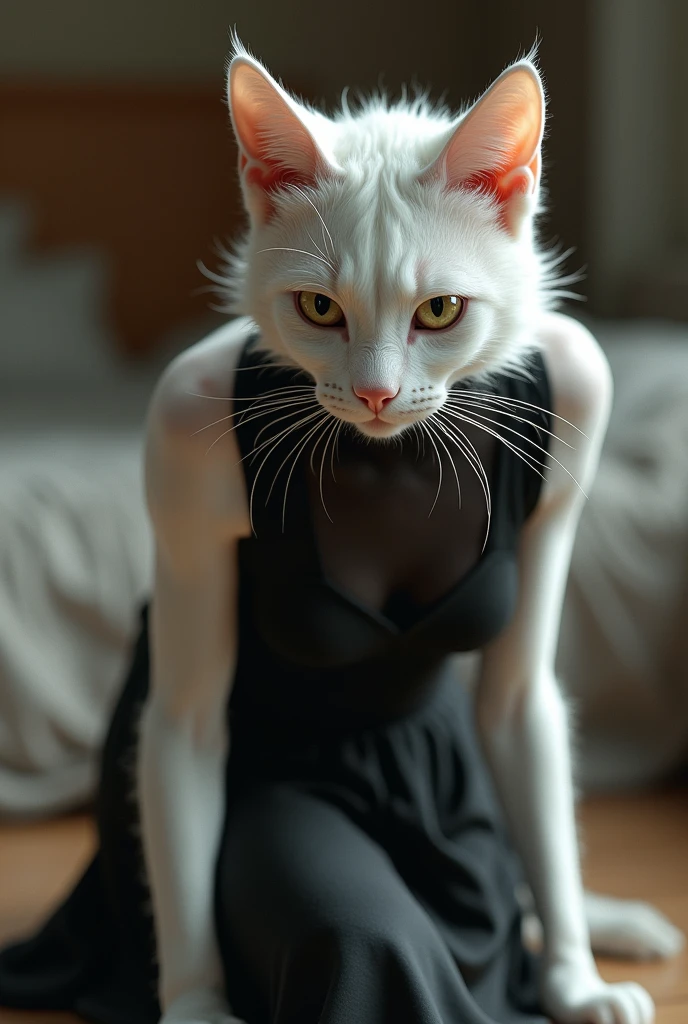 Meet our heroine, Luna, a sleek snow white cat dressed in fashionable black modern dress and red high heels with piercing emerald eyes and a pink nose. Her fur is styled in loose, flowing waves, and she wears a delicate silver necklace with a tiny crystal pendant.