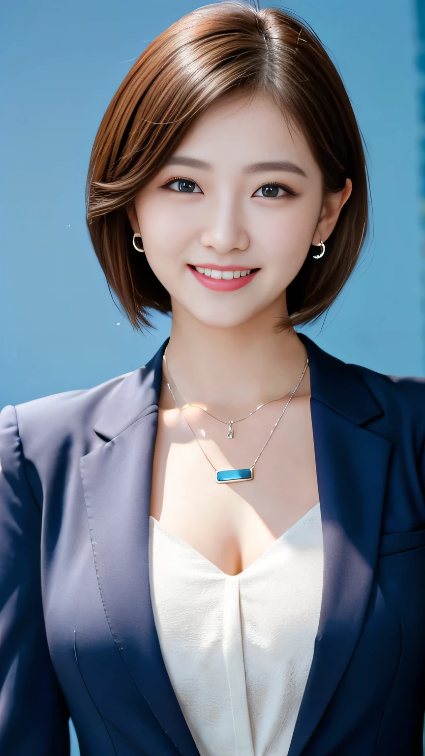 Highest quality:1.2), RAW Photos, High resolution, Very detailed, Intricate details, 、ear piercing、、smile、Beautiful teeth alignment、Short Haircut、Brown Hair、Clear beauty,(High quality fabric, Office Lady Suits ）、Necklace around the neck、, The background is the office
