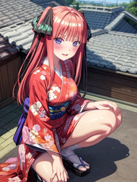 best quality, insanely detailed, nino nakano, kimono, breasts, blush, outdoor background, pussy, spread legs, nipple