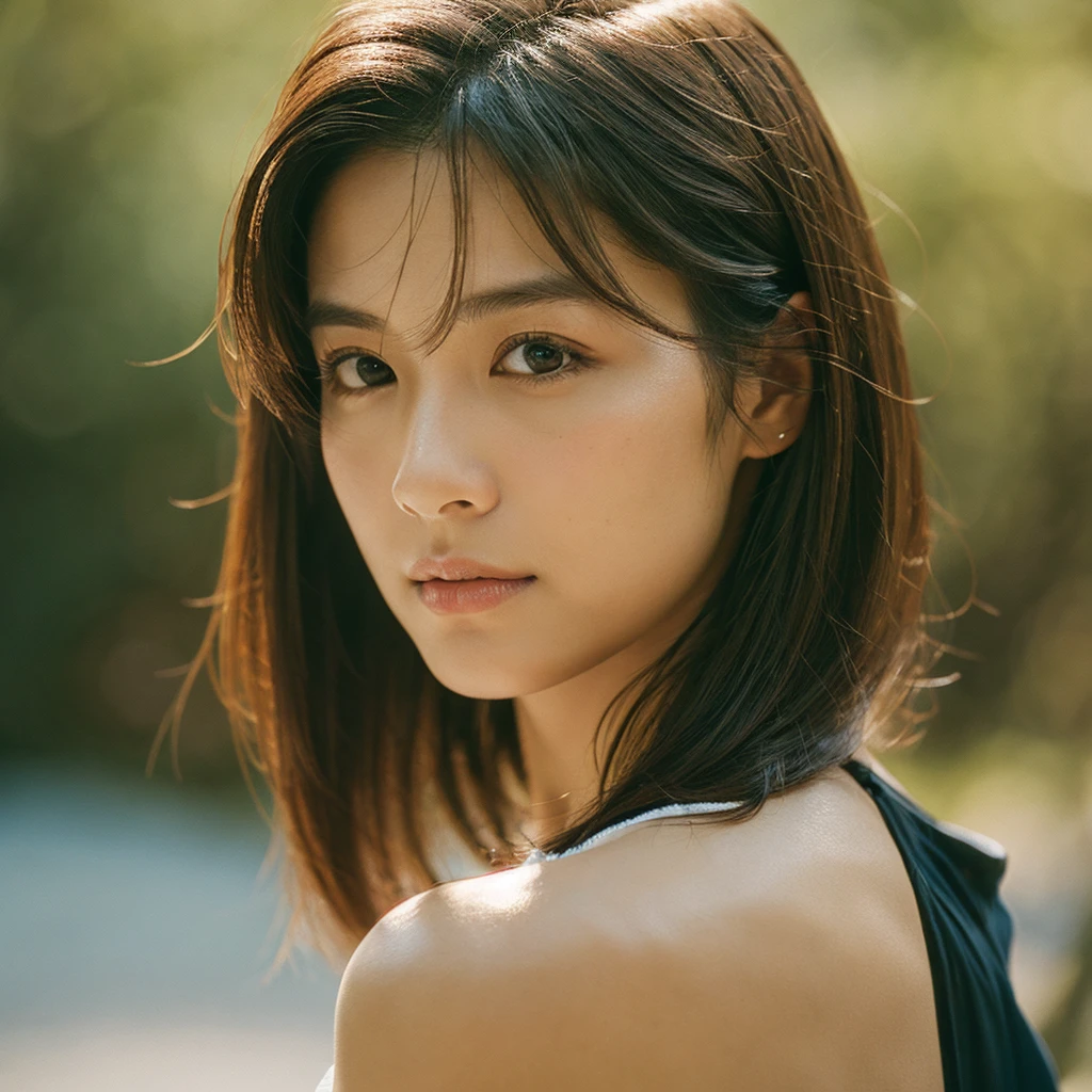 A hyper-realistic image of a single Japanese woman in her early 20s, captured with the nostalgic warmth and subtle graininess of a film camera, focusing on her upper body from the shoulders up. Her skin has a warm beige tone with a natural, slightly rough texture that includes visible pores, fine lines, and subtle imperfections such as small blemishes, adding to the authenticity of her appearance. The soft, diffused natural light enhances the film-like quality, casting gentle shadows across her face and shoulders to create a timeless, organic feel. Her straight, glossy black hair frames her face in a natural, slightly tousled manner, and her deep brown eyes reflect the ambient light, adding depth and emotion. The film camera effect introduces a slight grain and a softer focus, giving the image a warm, nostalgic atmosphere while maintaining the realistic texture of her skin. She is dressed in a simple, elegant top that complements her natural beauty, with the overall composition designed to evoke a sense of genuine, understated elegance. The use of natural light, combined with the deliberately rougher texture of her skin and the film-like qualities, ensures that this image captures the imperfections that make her beauty truly lifelike, focusing solely on this one individual from the shoulders up.