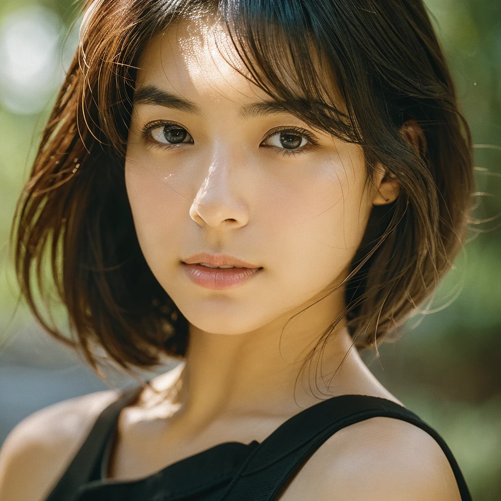 A hyper-realistic image of a single Japanese woman in her early 20s, captured with the nostalgic warmth and subtle graininess of a film camera, focusing on her upper body from the shoulders up. Her skin has a warm beige tone with a natural, slightly rough texture that includes visible pores, fine lines, and subtle imperfections such as small blemishes, adding to the authenticity of her appearance. The soft, diffused natural light enhances the film-like quality, casting gentle shadows across her face and shoulders to create a timeless, organic feel. Her straight, glossy black hair frames her face in a natural, slightly tousled manner, and her deep brown eyes reflect the ambient light, adding depth and emotion. The film camera effect introduces a slight grain and a softer focus, giving the image a warm, nostalgic atmosphere while maintaining the realistic texture of her skin. She is dressed in a simple, elegant top that complements her natural beauty, with the overall composition designed to evoke a sense of genuine, understated elegance. The use of natural light, combined with the deliberately rougher texture of her skin and the film-like qualities, ensures that this image captures the imperfections that make her beauty truly lifelike, focusing solely on this one individual from the shoulders up.