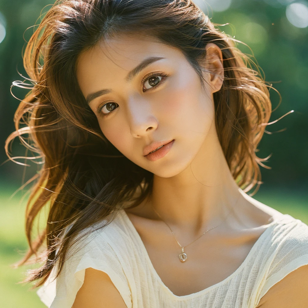 A hyper-realistic image of a single Japanese woman in her early 20s, captured with the nostalgic warmth and subtle graininess of a film camera, focusing on her upper body from the shoulders up. Her skin has a warm beige tone with a natural, slightly rough texture that includes visible pores, fine lines, and subtle imperfections such as small blemishes, adding to the authenticity of her appearance. The soft, diffused natural light enhances the film-like quality, casting gentle shadows across her face and shoulders to create a timeless, organic feel. Her straight, glossy black hair frames her face in a natural, slightly tousled manner, and her deep brown eyes reflect the ambient light, adding depth and emotion. The film camera effect introduces a slight grain and a softer focus, giving the image a warm, nostalgic atmosphere while maintaining the realistic texture of her skin. She is dressed in a simple, elegant top that complements her natural beauty, with the overall composition designed to evoke a sense of genuine, understated elegance. The use of natural light, combined with the deliberately rougher texture of her skin and the film-like qualities, ensures that this image captures the imperfections that make her beauty truly lifelike, focusing solely on this one individual from the shoulders up.