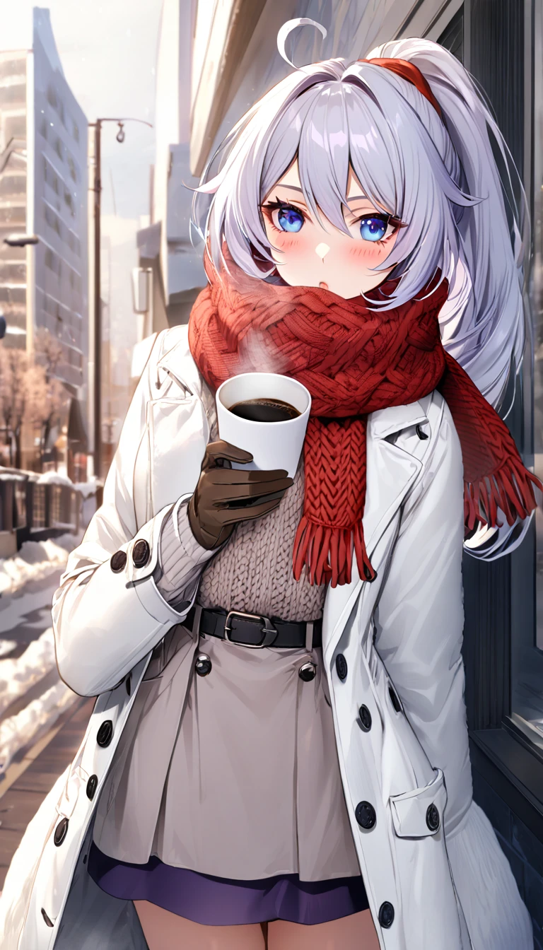 ultra HD, high-resolution, detailed, (highly detailed:1.5), (sharp focus:1.4), (crisp edges:1.3), 1girl, kiana kaslana \(honkai impact 3rd\), herrscher of finality, white hair, ahoge, ponytail, very long hair, blue eyes, looking at view, blush, winter smoke, (long wool coat:1.5), (cozy scarf:1.6), (knit sweater:1.4), (tailored skirt:1.5), (gloves:1.3), (purple palette:1.4), (casual winter fashion:1.6), (coffee cup:1.4), (soft winter lighting:1.3), (cold weather attire:1.4), (comfy winter outfit:1.5), 