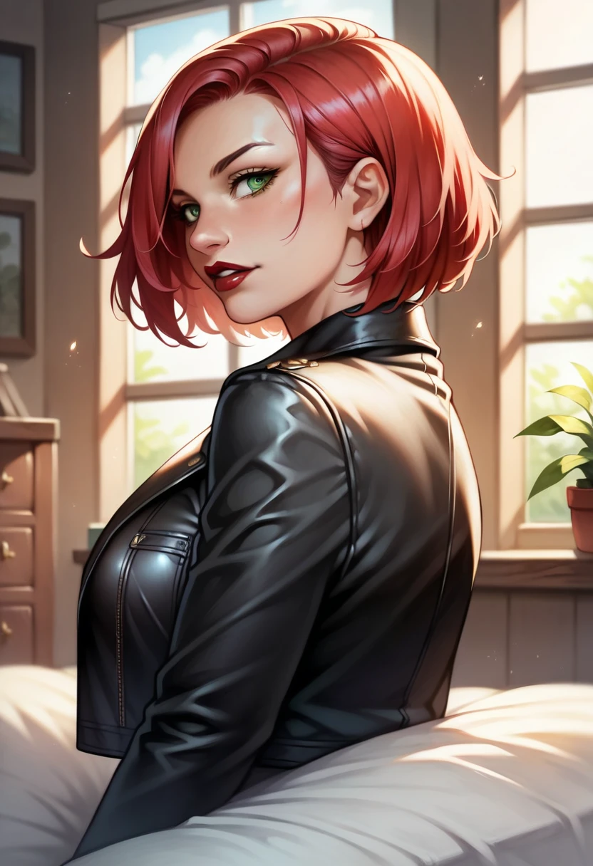 (high-level image quality), (high quality), (high resolution), (detailed), (masterpiece), beautiful woman, ((caucasian)), green eyes, red hair, short hair, dark red lipstick, busty, slender body, Detailed eyes, perfect eyes, Detailed face, leather jacket, strapless top, looking down, posing