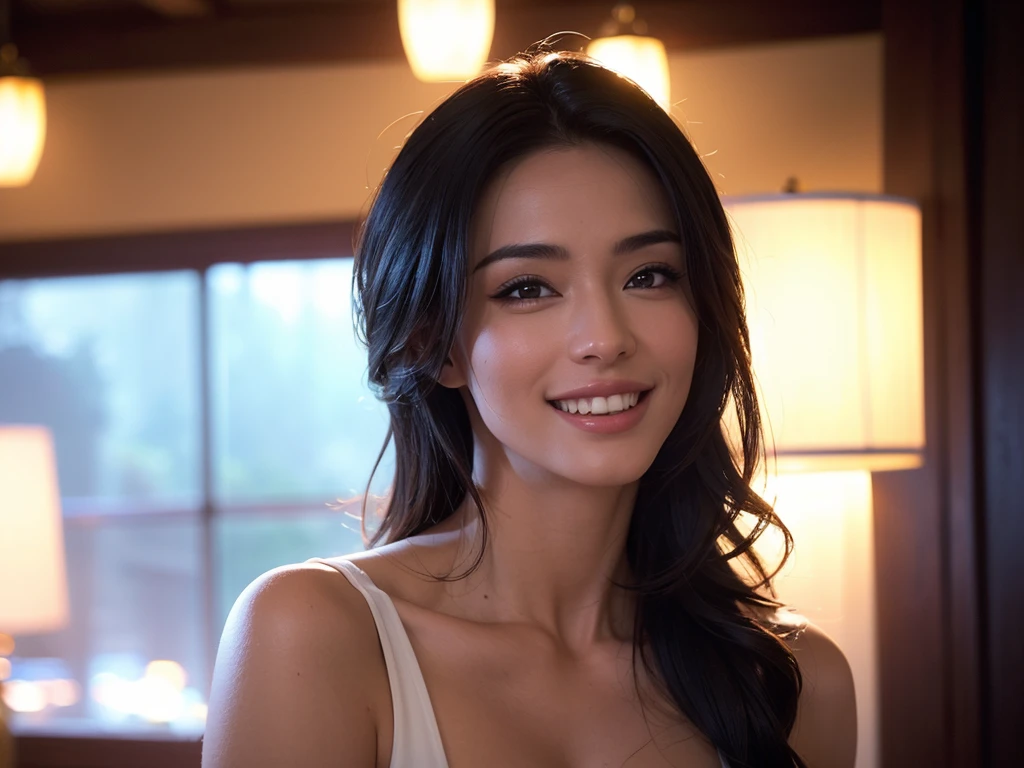 Japanese ),((beautiful girl)),cleavage,An expression that imagines something pleasant:1.2,(perfect body beauty:1.2),((perfect body)),(shy smile),beautiful teeth,