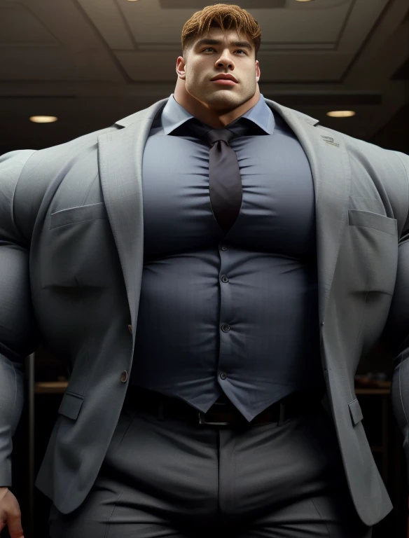 (best quality:1.5, hyperrealistic:1.5, photorealistic:1.4, madly detailed CG unity 8k wallpaper:1.5, masterpiece:1.3, enthusiastically detailed photo:1.2), (hyper-realistic lifelike texture:1.4), highly detailed, ((masterpiece, best quality)) ,extremely detailed 8K wallpaper, 1 korean male, (korean man with k-pop idol look), 20yo, handsome, detailed face, swollen muscle, stubble, sexy and masculine, tailored suit & pants, prominent bulge, photo real, illuminating light, big, brutalmass, giant, heavyweight bodybuilder, bulk, massive body, large size, fierce, at office