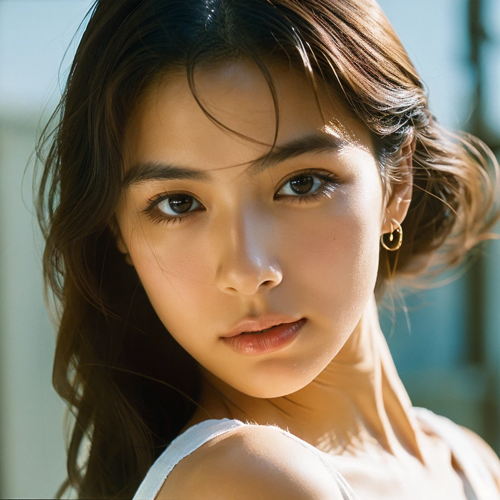 A hyper-realistic image of a single Japanese woman in her early 20s, captured with the nostalgic warmth and subtle graininess of a film camera, focusing on her upper body from the shoulders up. Her skin has a warm beige tone with a natural, slightly rough texture that includes visible pores, fine lines, and subtle imperfections such as small blemishes, adding to the authenticity of her appearance. The soft, diffused natural light enhances the film-like quality, casting gentle shadows across her face and shoulders to create a timeless, organic feel. Her straight, glossy black hair frames her face in a natural, slightly tousled manner, and her deep brown eyes reflect the ambient light, adding depth and emotion. The film camera effect introduces a slight grain and a softer focus, giving the image a warm, nostalgic atmosphere while maintaining the realistic texture of her skin. She is dressed in a simple, elegant top that complements her natural beauty, with the overall composition designed to evoke a sense of genuine, understated elegance. The use of natural light, combined with the deliberately rougher texture of her skin and the film-like qualities, ensures that this image captures the imperfections that make her beauty truly lifelike, focusing solely on this one individual from the shoulders up.