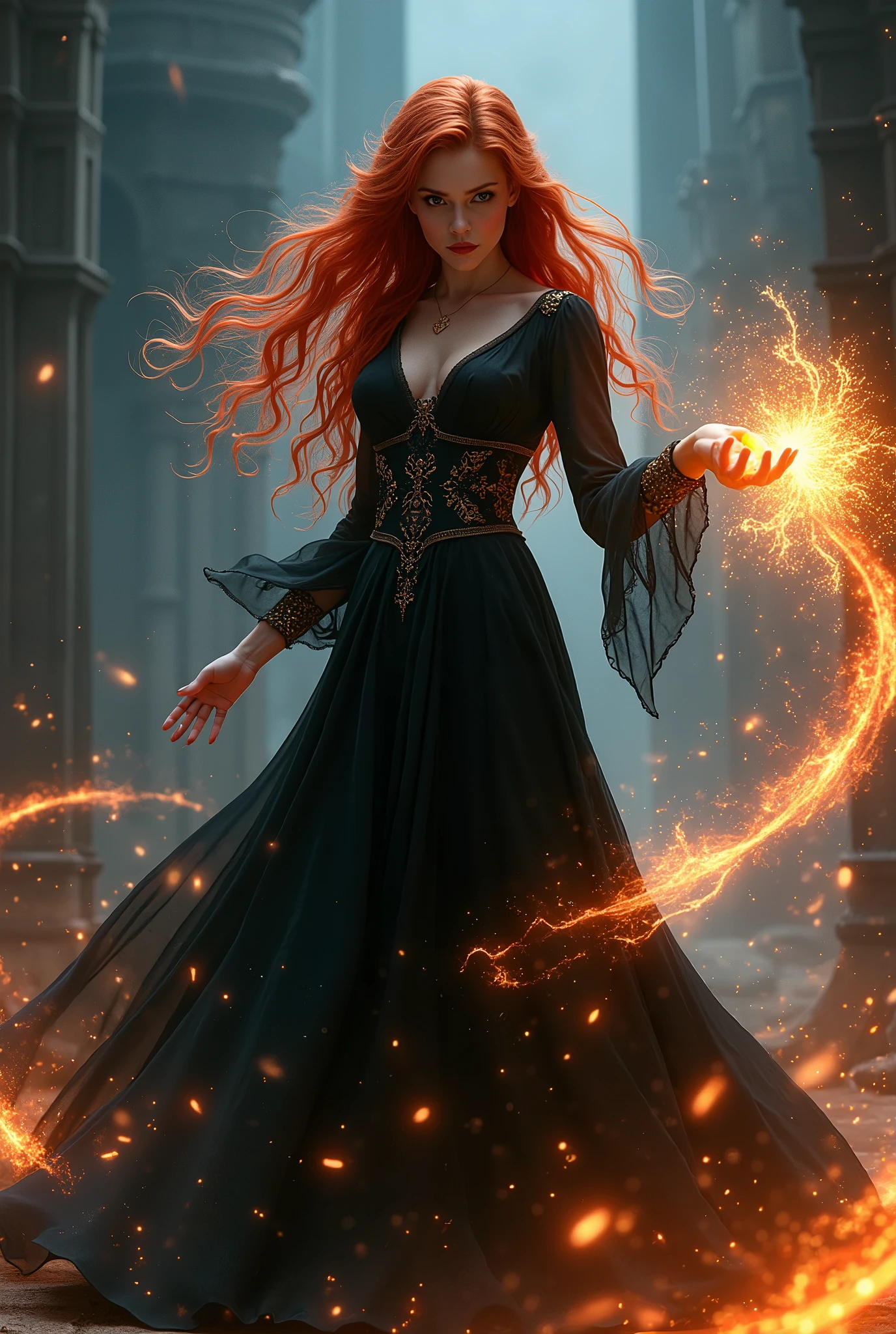 a beautiful redheaded sorceress in a dark fantasy RPG setting, intricate magical effects, cinematic lighting, highly detailed, ultra-realistic, 8k, photorealistic, dramatic pose, piercing eyes, glowing hands, swirling magical energy, dark moody atmosphere, volumetric lighting, dramatic chiaroscuro, fantasy art style