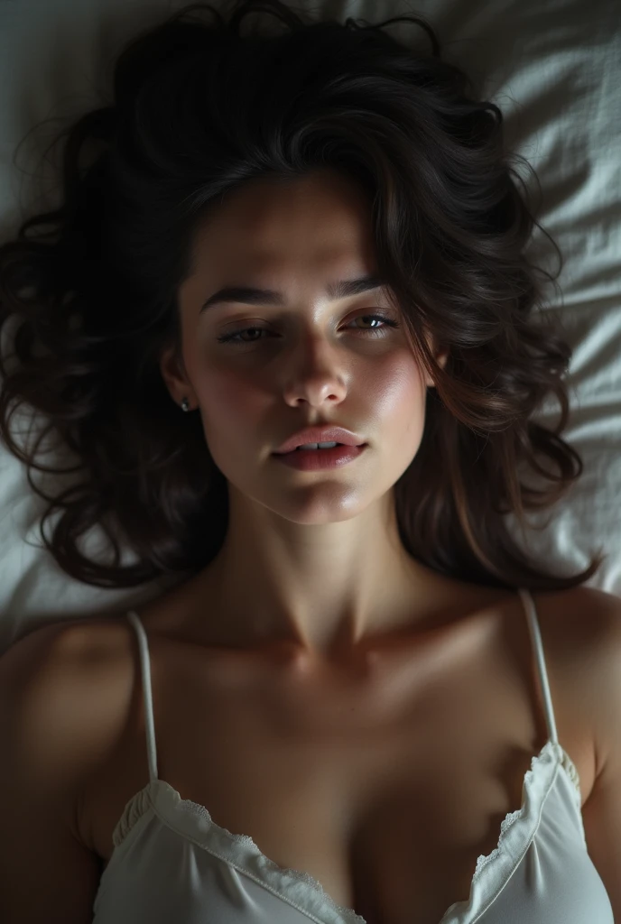 She is naked lying in bed I'm on top of her face close up