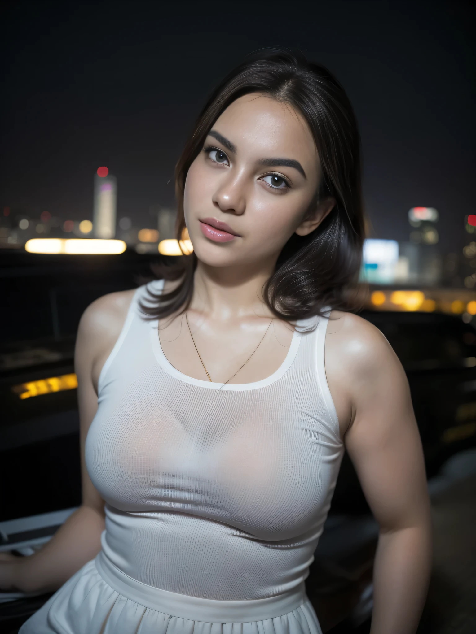 1girl, (uniform), standing, outdoors, night view, detailed Metropolitan city at the background, (above head shot: 1.4), detailed face, detailed eyes, brunette, big breasts, smooth realistic skin, semi-curvy body, white tanktop, thin hot pants, looking at the audience, (8k, RAW photo, best quality, masterpiece: 1.2), (realistic, realistic: 1.37), ultra-high resolution