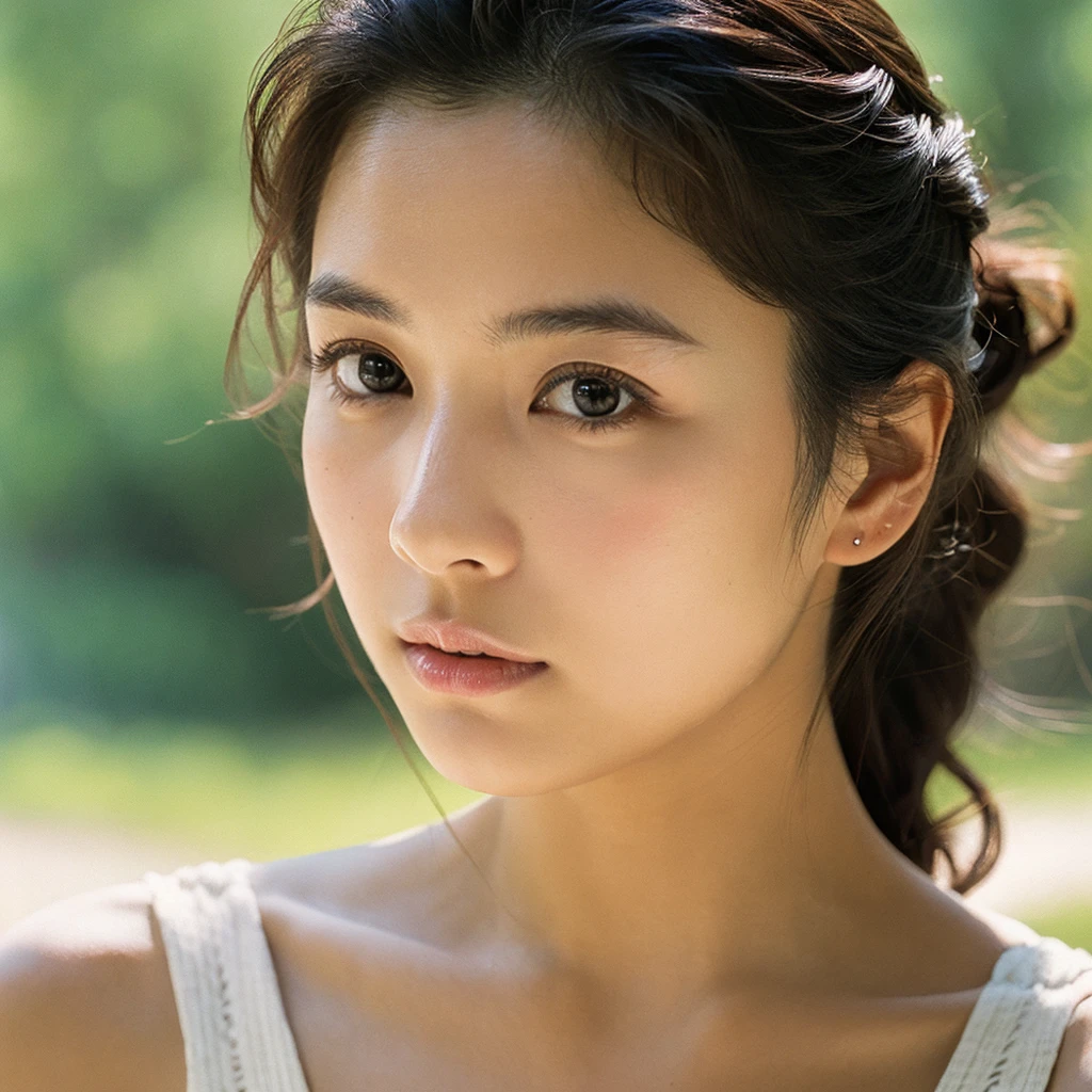 A hyper-realistic image of a single Japanese woman in her early 20s, captured with the nostalgic warmth and subtle graininess of a film camera, focusing on her upper body from the shoulders up. Her skin has a warm beige tone with a natural, slightly rough texture that includes visible pores, fine lines, and subtle imperfections such as small blemishes, adding to the authenticity of her appearance. The soft, diffused natural light enhances the film-like quality, casting gentle shadows across her face and shoulders to create a timeless, organic feel. Her straight, glossy black hair frames her face in a natural, slightly tousled manner, and her deep brown eyes reflect the ambient light, adding depth and emotion. The film camera effect introduces a slight grain and a softer focus, giving the image a warm, nostalgic atmosphere while maintaining the realistic texture of her skin. She is dressed in a simple, elegant top that complements her natural beauty, with the overall composition designed to evoke a sense of genuine, understated elegance. The use of natural light, combined with the deliberately rougher texture of her skin and the film-like qualities, ensures that this image captures the imperfections that make her beauty truly lifelike, focusing solely on this one individual from the shoulders up.