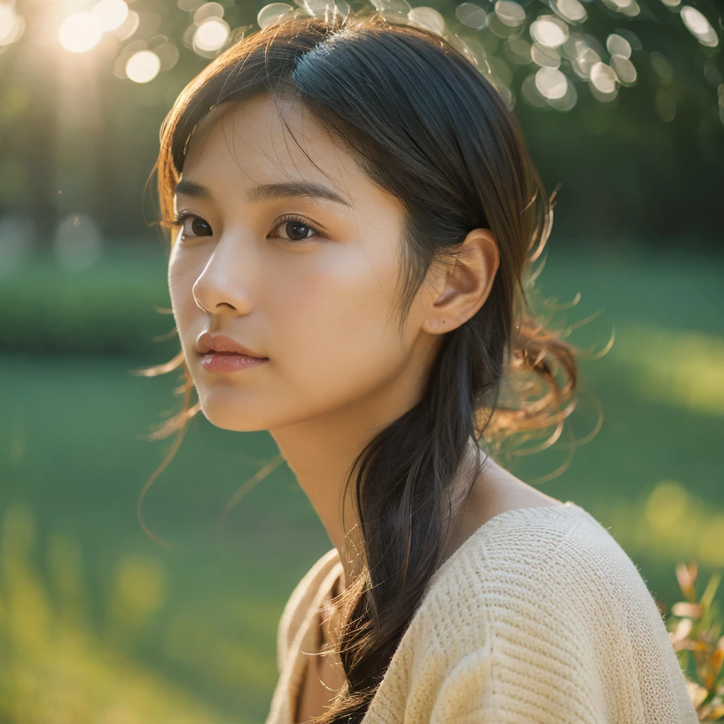 A hyper-realistic image of a single Japanese woman in her early 20s, captured with the nostalgic warmth and subtle graininess of a film camera, focusing on her upper body from the shoulders up. Her skin has a warm beige tone with a natural, slightly rough texture that includes visible pores, fine lines, and subtle imperfections such as small blemishes, adding to the authenticity of her appearance. The soft, diffused natural light enhances the film-like quality, casting gentle shadows across her face and shoulders to create a timeless, organic feel. Her straight, glossy black hair frames her face in a natural, slightly tousled manner, and her deep brown eyes reflect the ambient light, adding depth and emotion. The film camera effect introduces a slight grain and a softer focus, giving the image a warm, nostalgic atmosphere while maintaining the realistic texture of her skin. She is dressed in a simple, elegant top that complements her natural beauty, with the overall composition designed to evoke a sense of genuine, understated elegance. The use of natural light, combined with the deliberately rougher texture of her skin and the film-like qualities, ensures that this image captures the imperfections that make her beauty truly lifelike, focusing solely on this one individual from the shoulders up.