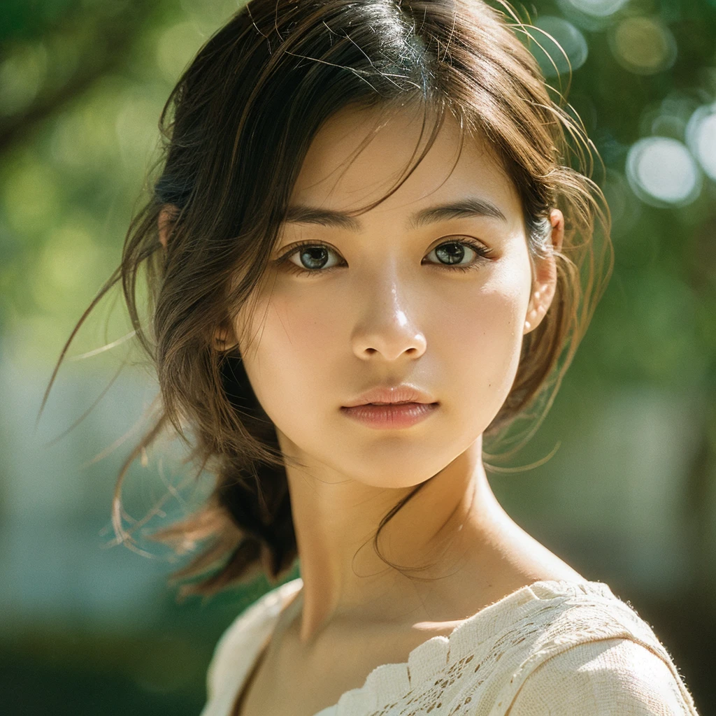 A hyper-realistic image of a single Japanese woman in her early 20s, captured with the nostalgic warmth and subtle graininess of a film camera, focusing on her upper body from the shoulders up. Her skin has a warm beige tone with a natural, slightly rough texture that includes visible pores, fine lines, and subtle imperfections such as small blemishes, adding to the authenticity of her appearance. The soft, diffused natural light enhances the film-like quality, casting gentle shadows across her face and shoulders to create a timeless, organic feel. Her straight, glossy black hair frames her face in a natural, slightly tousled manner, and her deep brown eyes reflect the ambient light, adding depth and emotion. The film camera effect introduces a slight grain and a softer focus, giving the image a warm, nostalgic atmosphere while maintaining the realistic texture of her skin. She is dressed in a simple, elegant top that complements her natural beauty, with the overall composition designed to evoke a sense of genuine, understated elegance. The use of natural light, combined with the deliberately rougher texture of her skin and the film-like qualities, ensures that this image captures the imperfections that make her beauty truly lifelike, focusing solely on this one individual from the shoulders up.