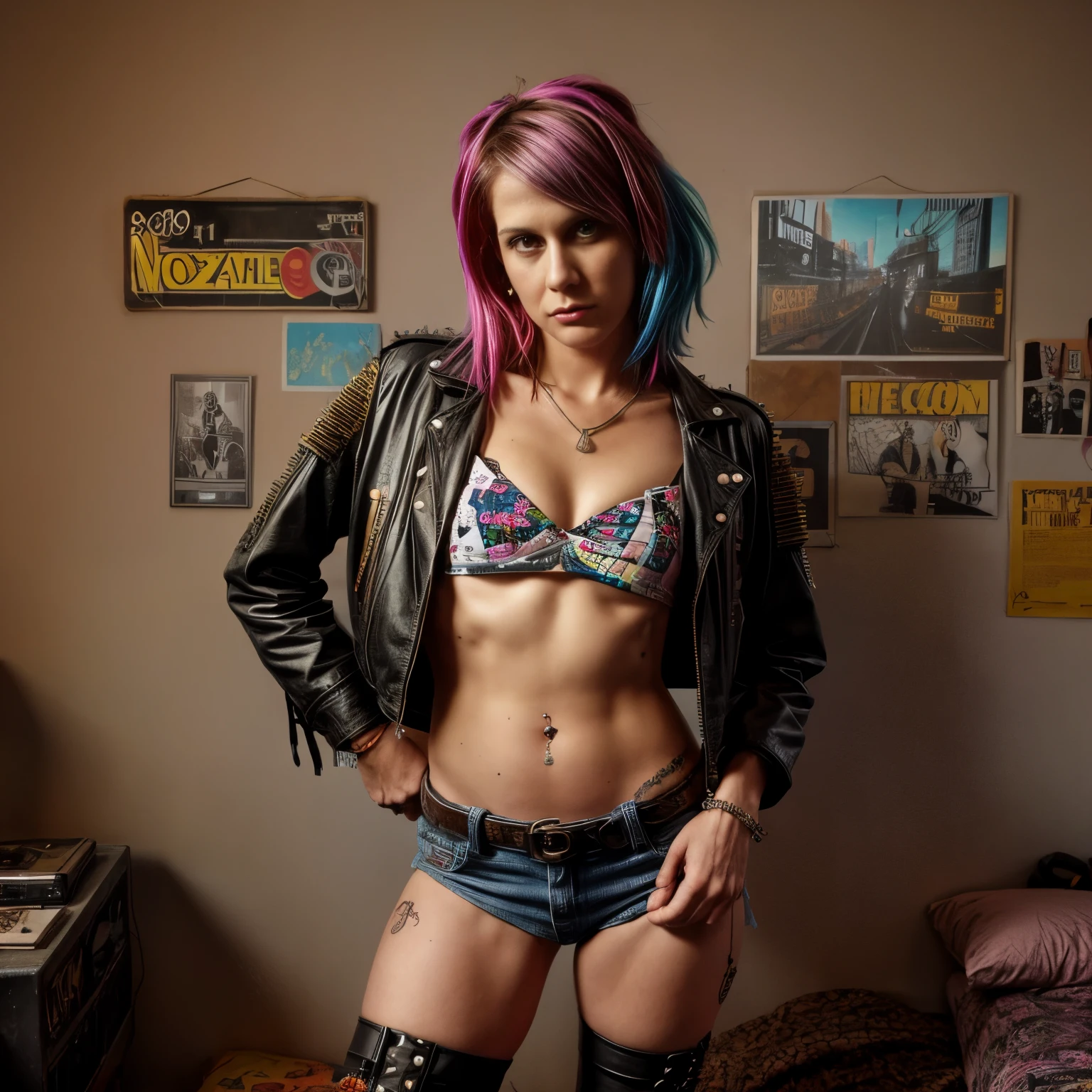 ((1girl)), one beautiful girl, detailed beautiful hair, detailed beautiful eyes, short blue hair, small breasts, glasses, loose unzipped leather jacket, blue bra, jean shorts, bookstore, bookcases, books, open door, open window, evening, nighttime, standing, dramatic pose, cowboy shot, cinematic lighting, dramatic lighting,