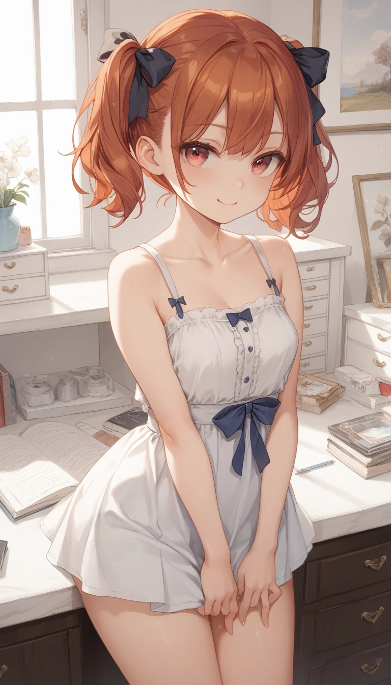 (High resolution、detailed).(Short Twin Tails,Black Ribbon、A cute blouse with a blue ribbon、White drawers、Redhead.Red eyes.1.5)、(No background）Character profile