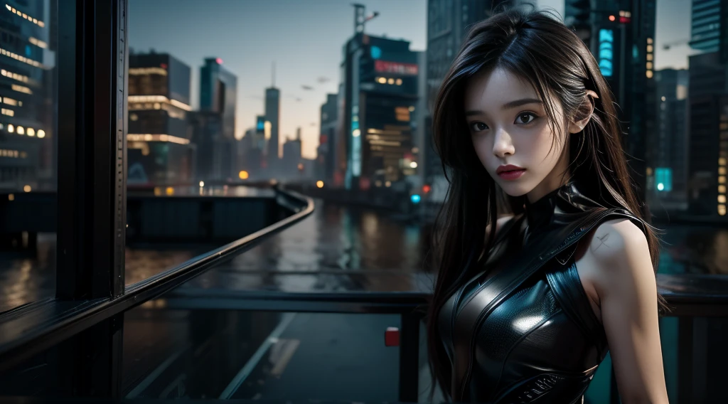 8K,best quality, masterpiece, Ultra-high resolution, (Reality:1.4), RAW photos, (Real skin texture:1.3), (Film Grain:1.3), (Selfie Angle),1 Girl,Beautiful and detailed eyes and face,Off-shoulder,Large Breasts,Postmodern Bodysuit,masterpiece, best quality,close up,Upper body shot, standing on top of the building,Cyberpunk Style Modern Metropolis,night,individual