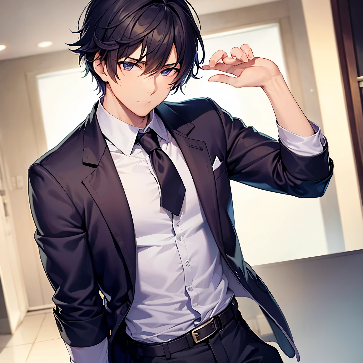 anime sexy man, dark colored hair, briefs, White office shirt