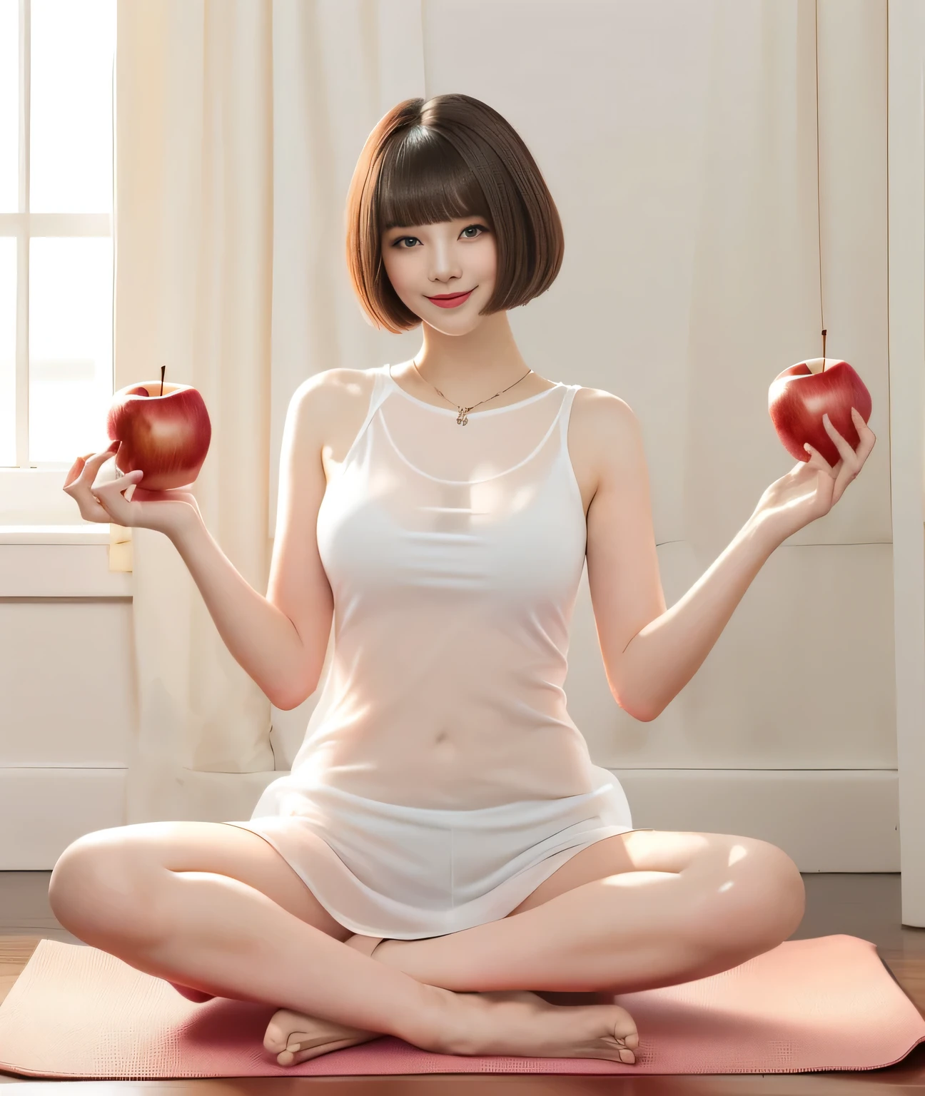 {{{She is holding a red apple in his right hand and a white apple in his left hand.::1.8}}},{{{Blunt bangs、short hair:1.6}}}},,{{Girl sitting on a mat and doing yoga poses:１８Year:Double Eyes::smile}},, Sitting pose,{White Tight tank top:See through}, Affectionate, Affectionate, gentle pose, Symmetrical pose, Full body pose, 