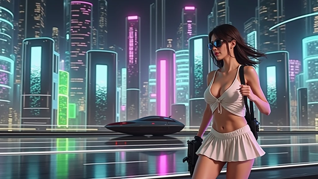 at night, ((a large-breast:1.2 lingerie slim:0.6 GIRL with black mini VR sunglasses)), ((holding a pistol)), aerial view of an ultra-futuristic megalopolis, tall metal buildings in dark colors from dark blue to black, shades of metal gray, smoky metal structures, industrial environment with fog around, dark cars on the streets, (flying vehicle), modern metal rails and trains passing through, ((futuristic space station)), realistic, detailed, sci-fi.