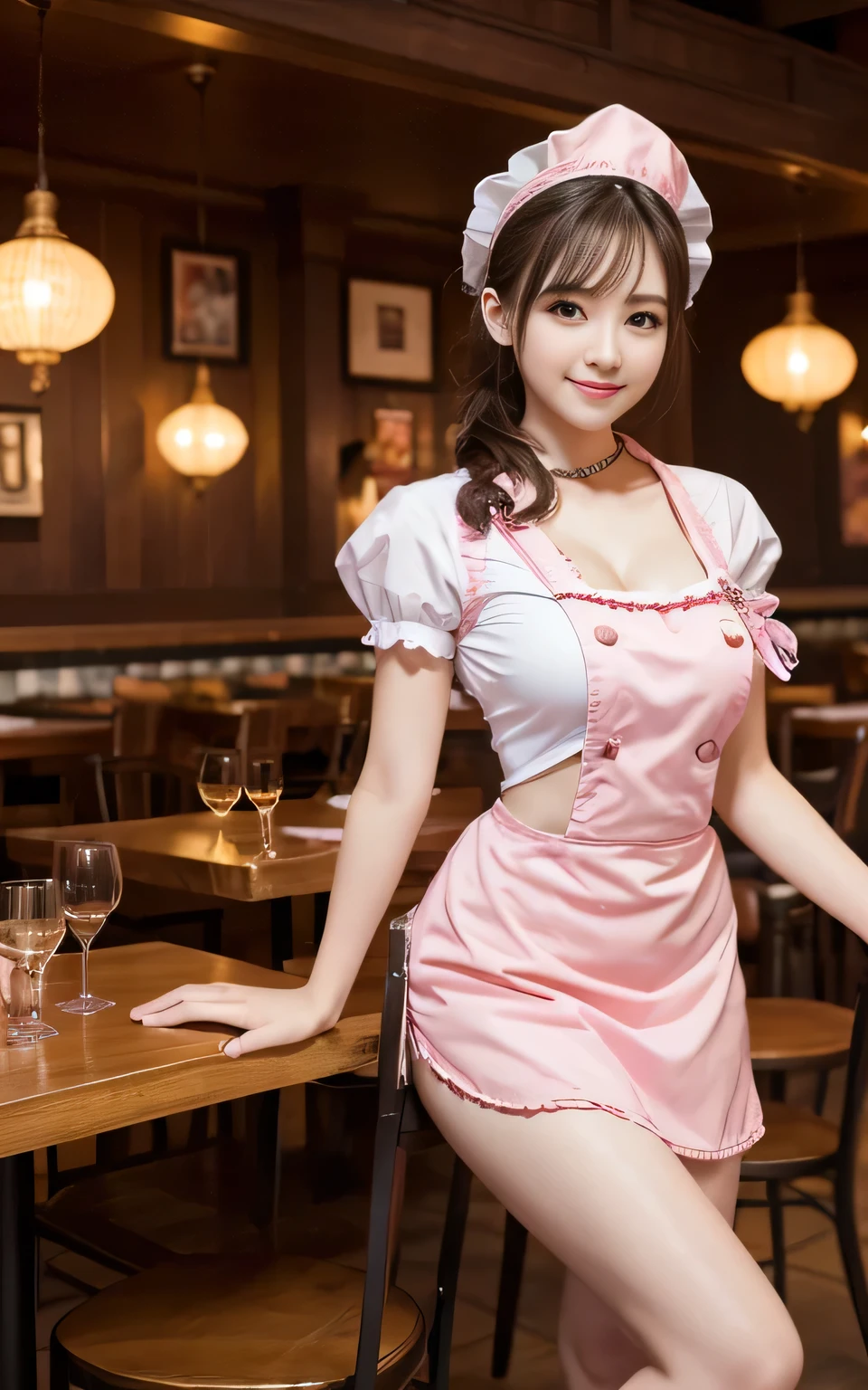 (Ultra HD), (Pink waitress:1.2, Apron with white frills), Big Breasts, Beautiful breasts, slender, Narrow waist, whole body, Standing posture, (Beautiful Skin, Shiny skin, White skin), (Super slim face, Super beautiful face, No makeup), (ponytail, Layered Cut, Fluffy hair), (double eyelid, Slanted Eyes), Small Nose, Thin lips, Thin legs, Coffee shop